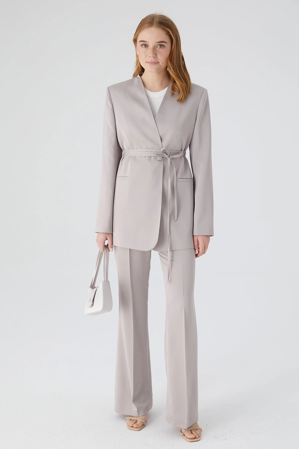 SATIN FLARE TROUSERS STONE SATIN FLARE TROUSERS STONE