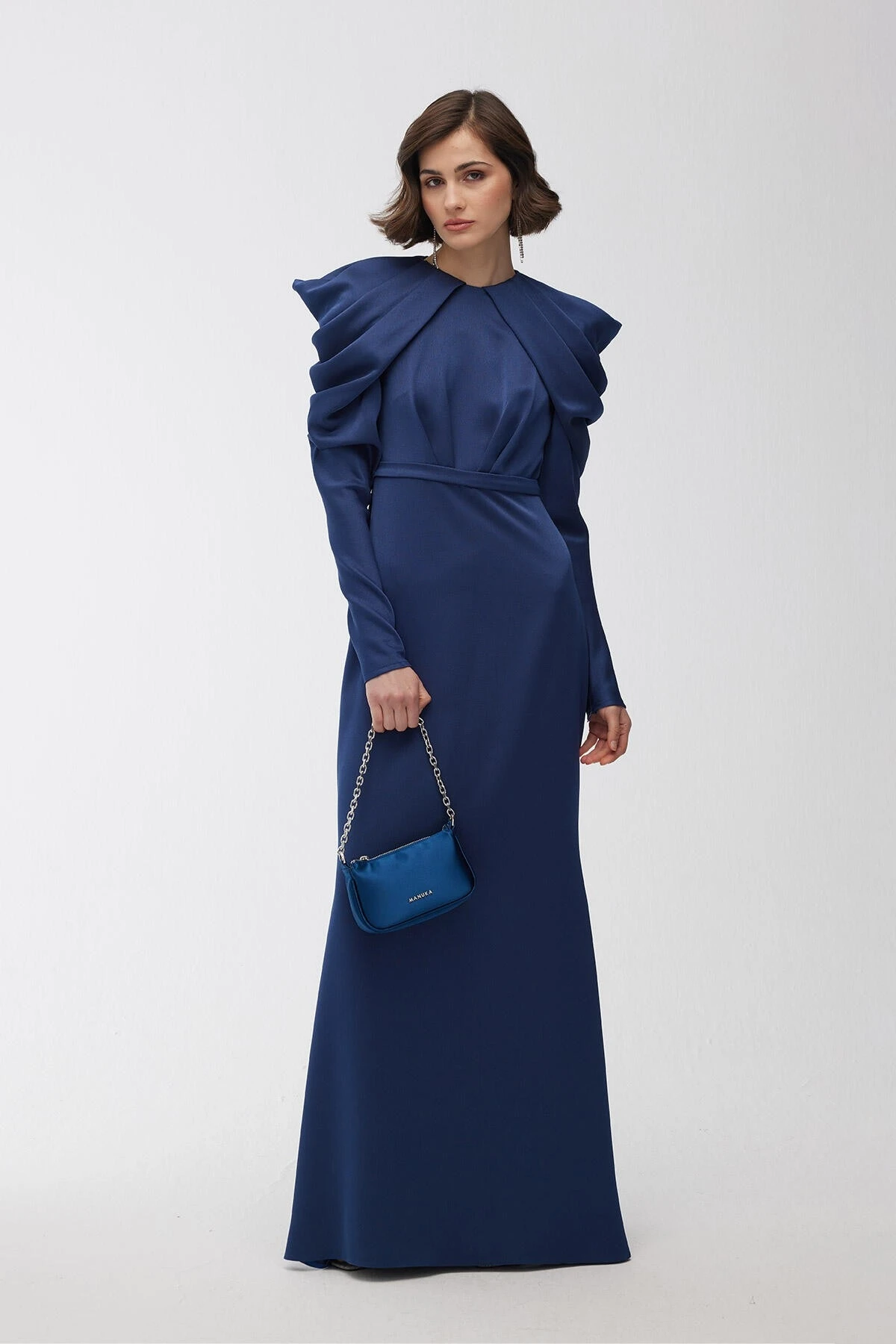 OMUZ DRAPE DETAYLI ABİYE ELBİSE GECE MAVİSİ