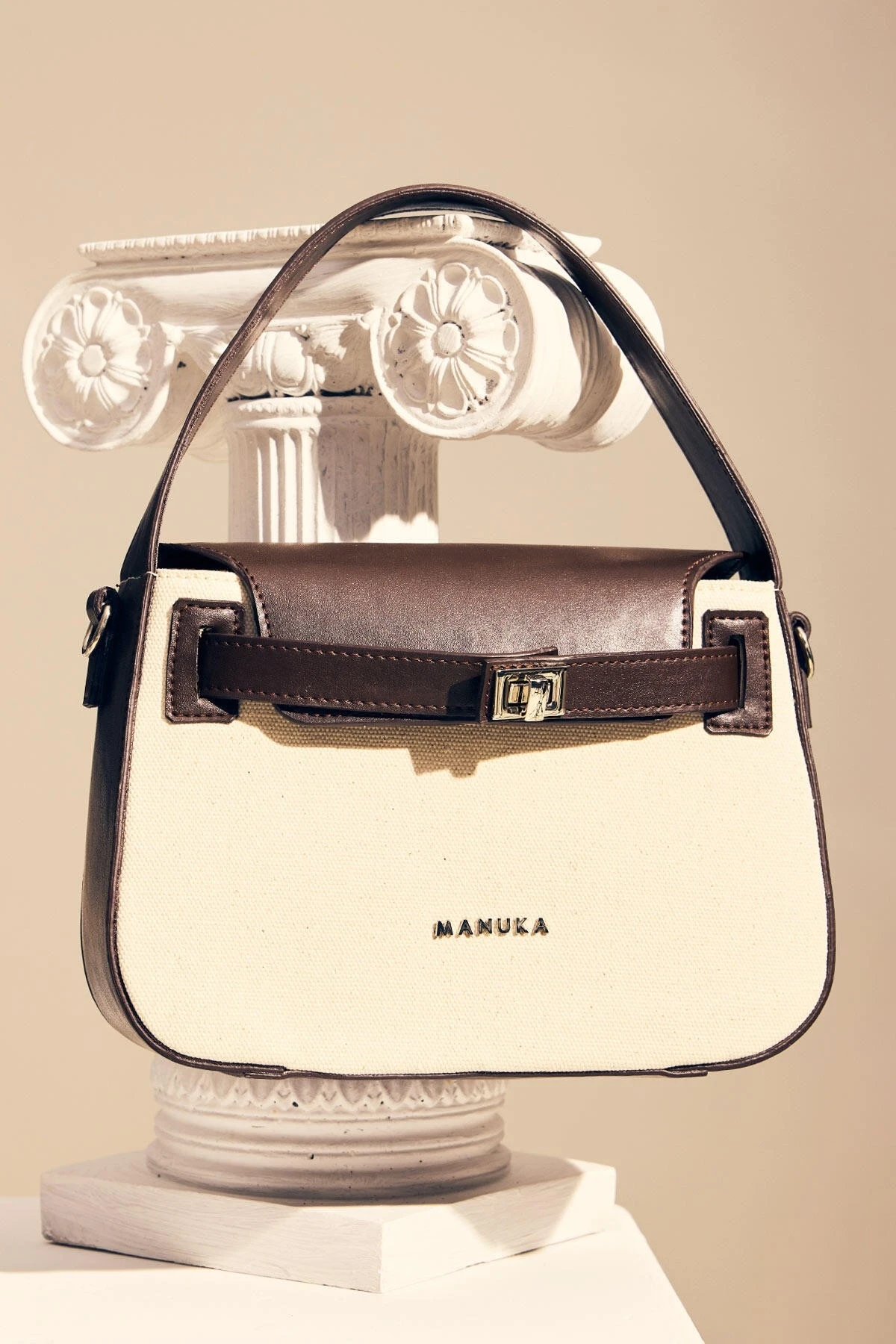 KEMER DETAYLI KANVAS MİNİ ÇANTA KAHVERENGİ