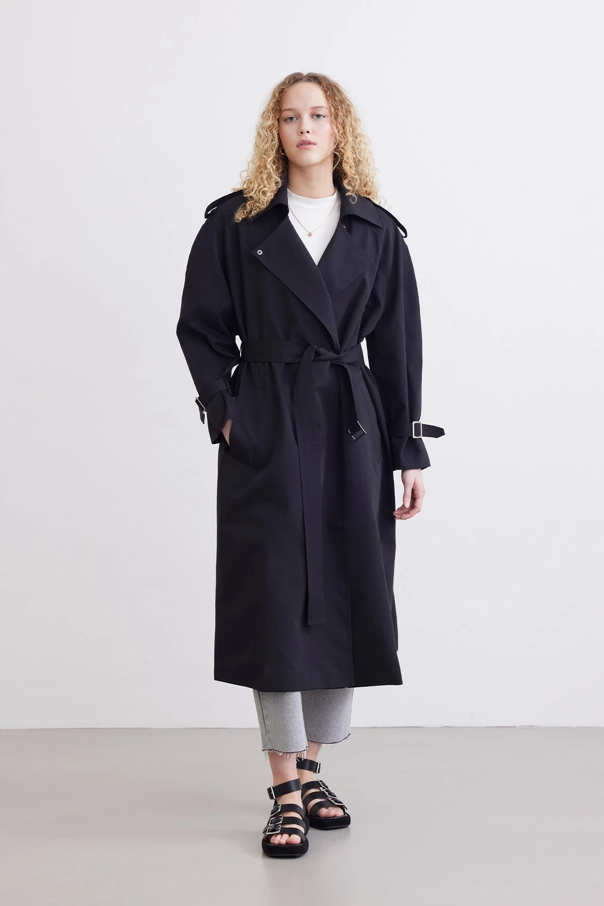 BELTED CASTED TRENCH COAT BLACK  BELTED CASTED TRENCH COAT BLACK