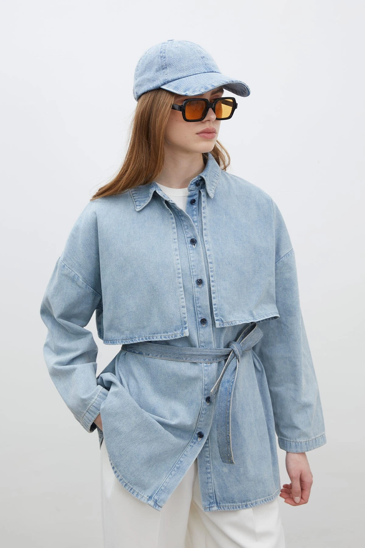 TRENCH DESIGN DENIM JACKET ICE BLUE