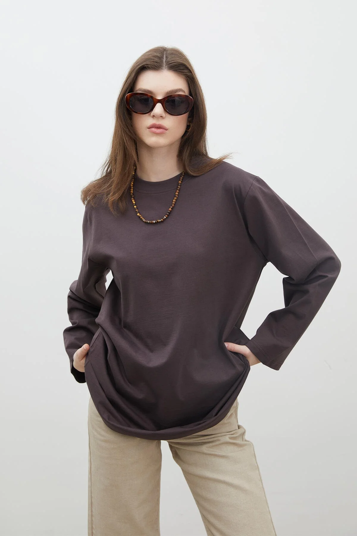 OVERSIZE COTTON LONG SLEEVE T-SHIRT BITTER BROWN