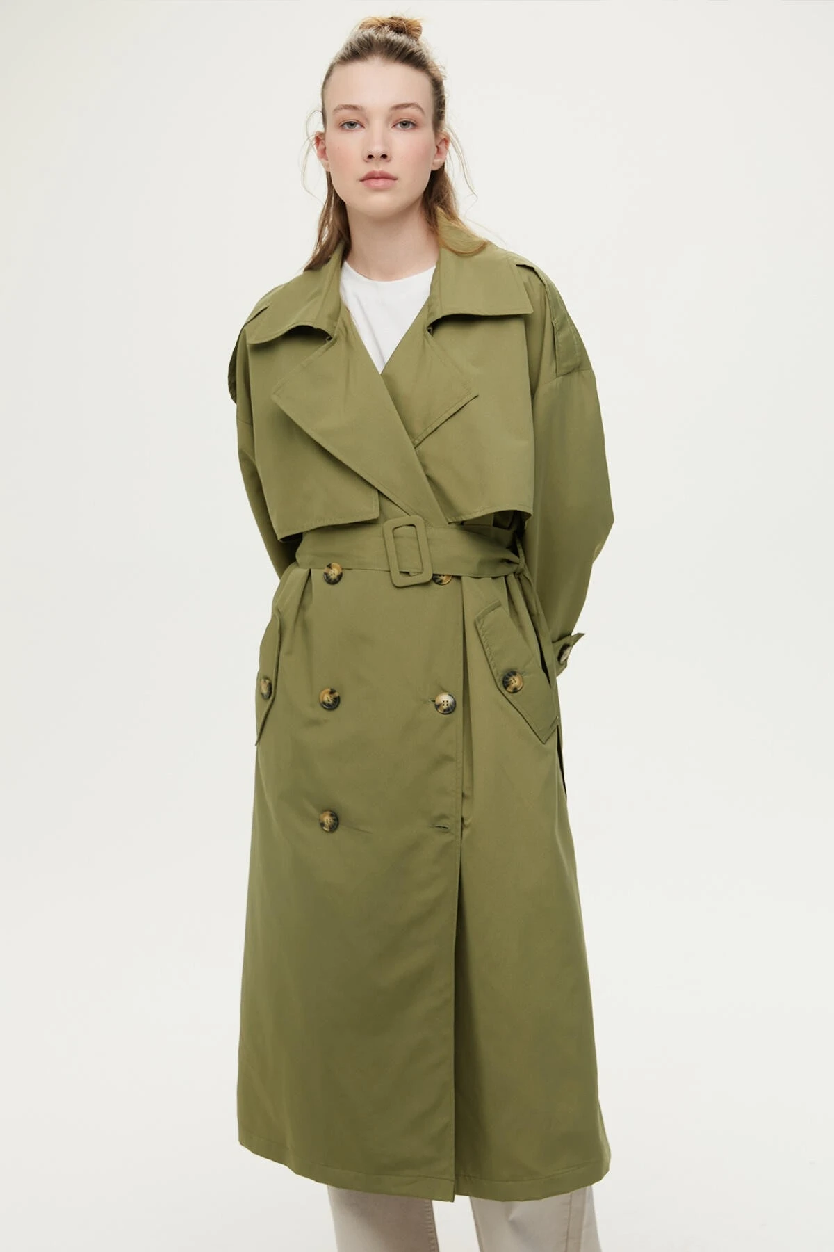 BUTTONED SHIPPED TRENCH COAT KHAKI BUTTONED SHIPPED TRENCH COAT KHAKI