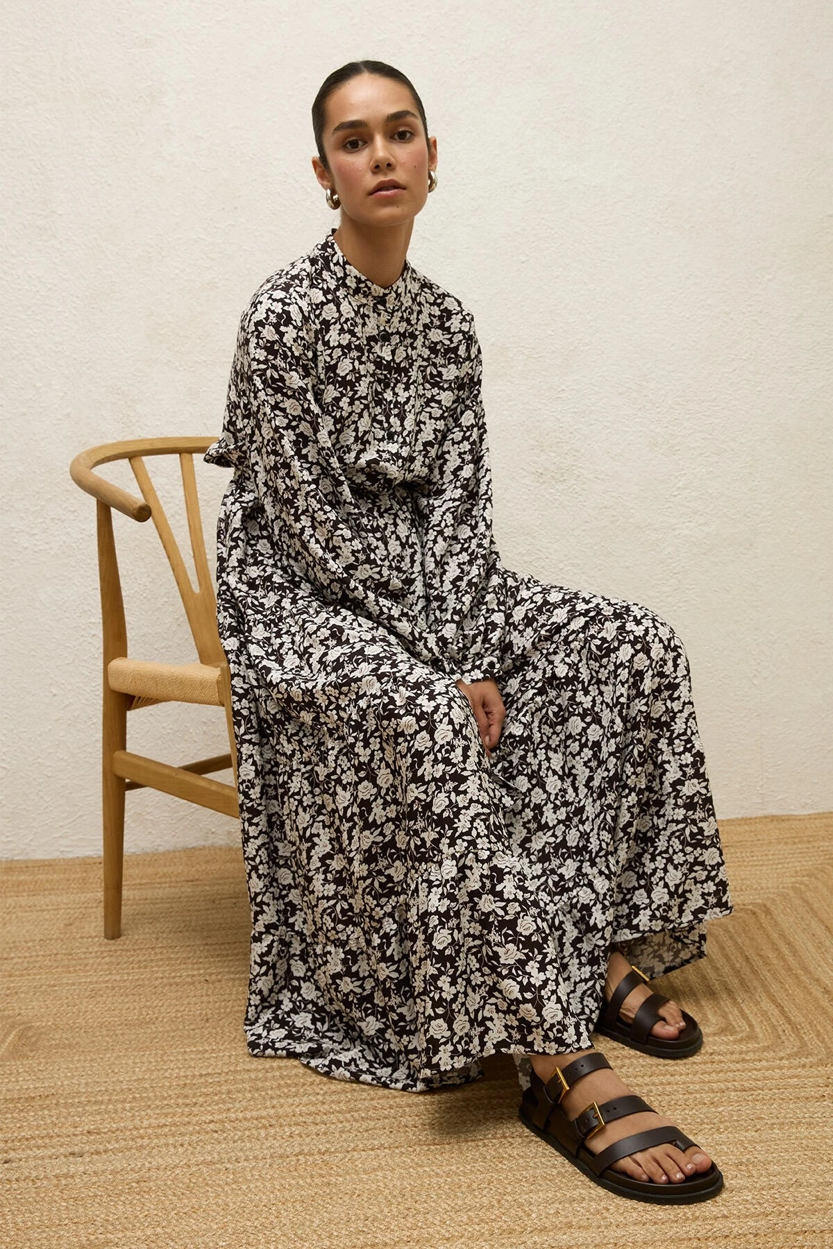 DESENLİ KATLI VİSKON ELBİSE POPPY ACI KAHVE