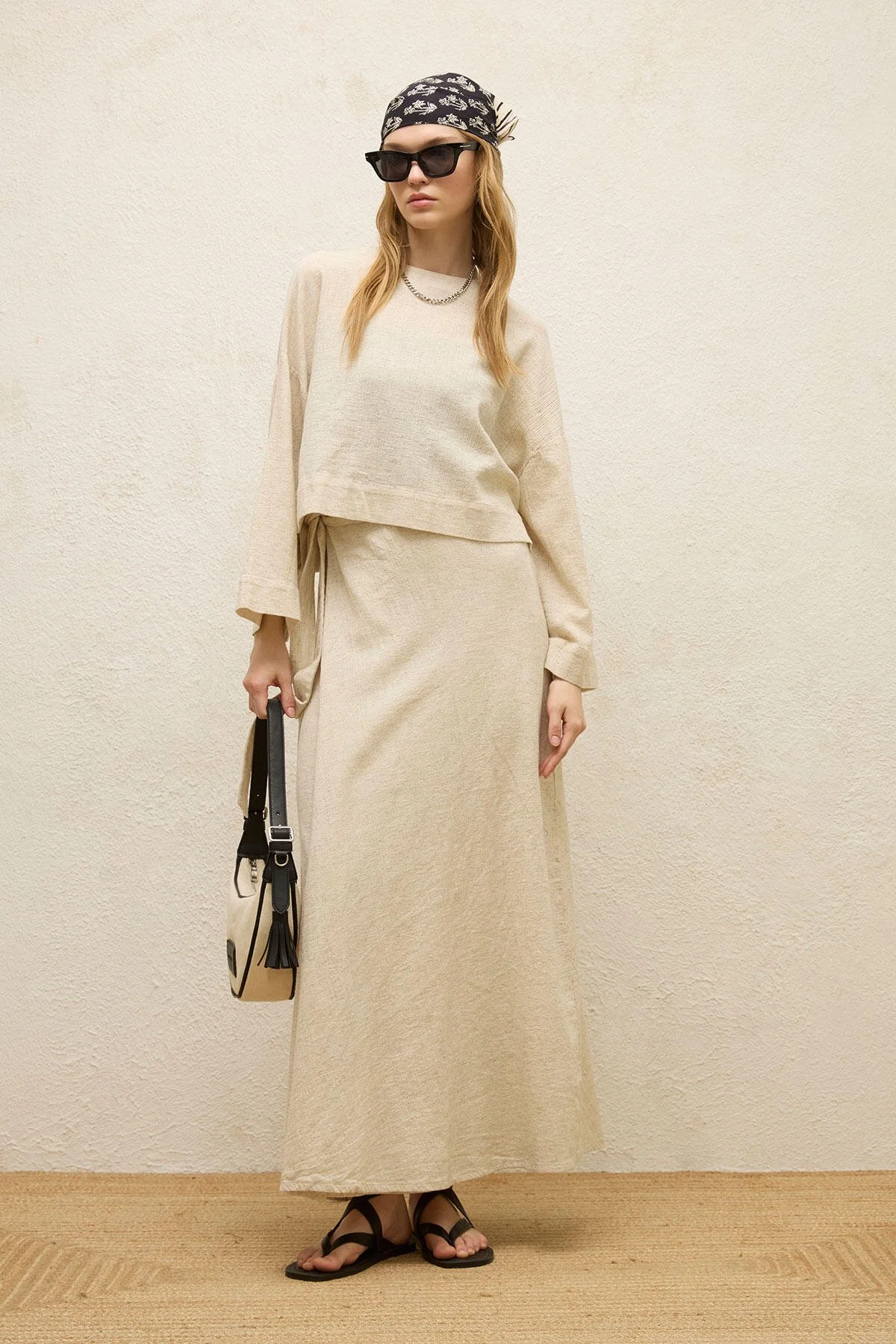 PAMUKLU GENİŞ KOL CROP BLUZ NATURAL