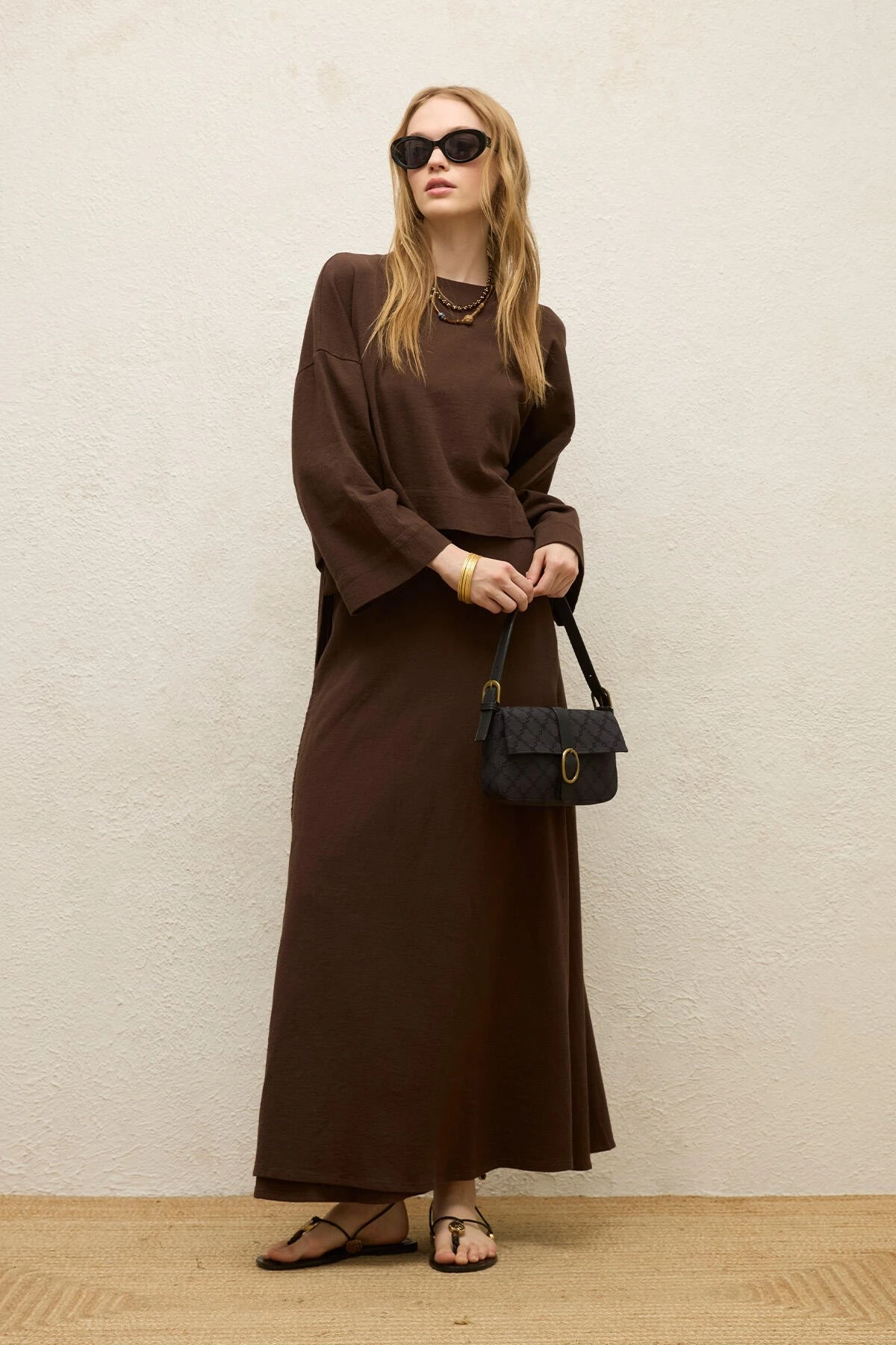 PAMUKLU GENİŞ KOL CROP BLUZ ACI KAHVE