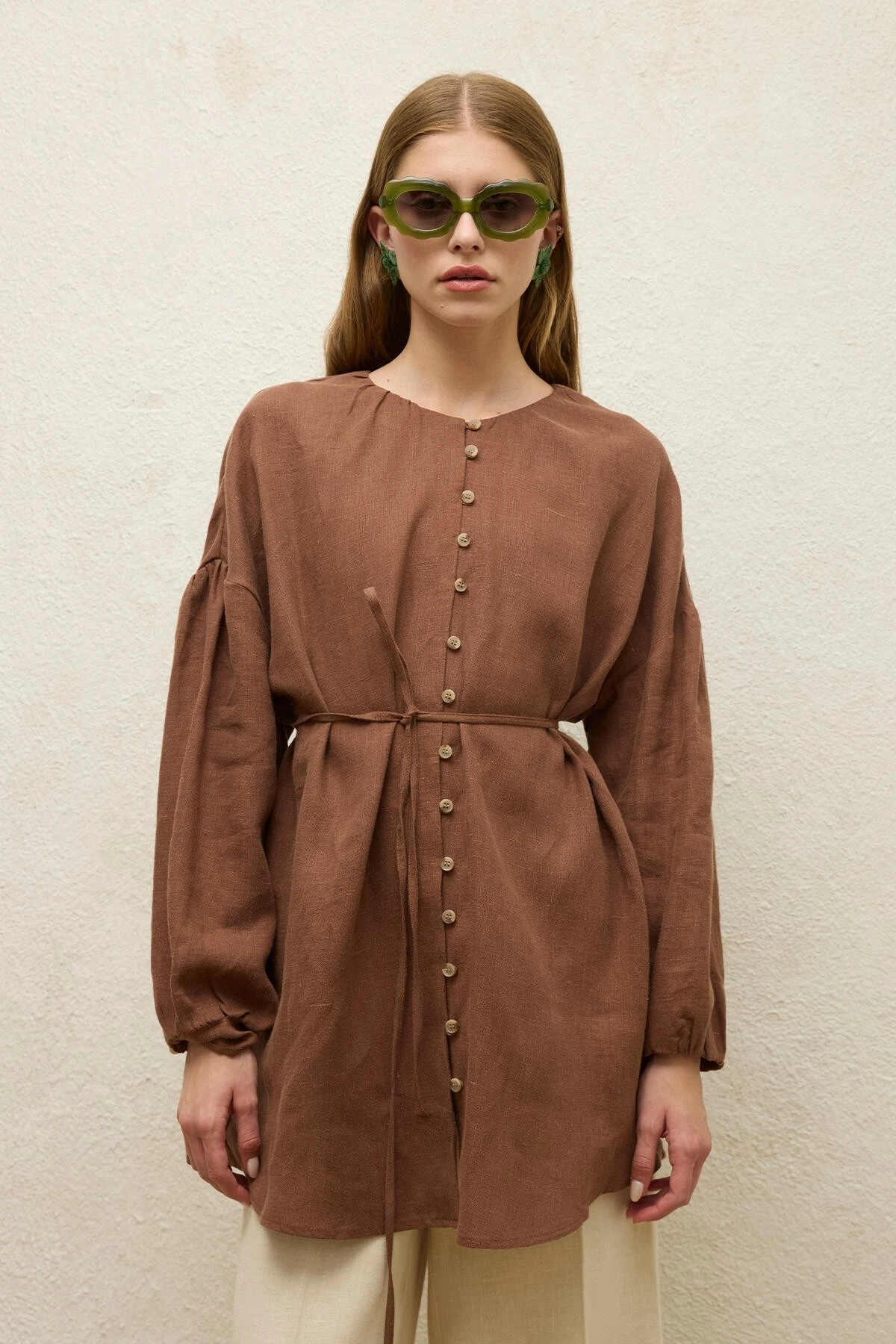 LINEN BALLOON SLEEVE SHIRT BROWN