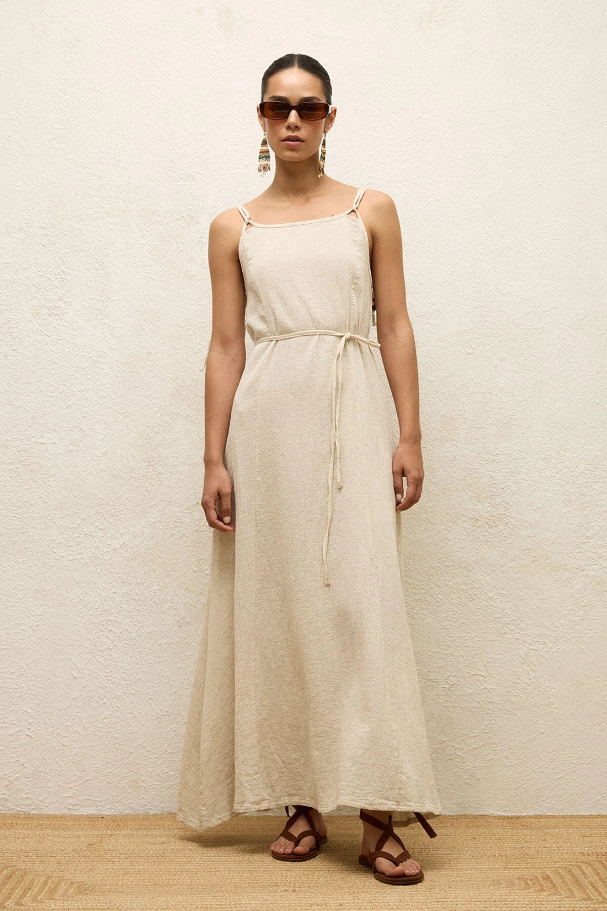 ASKILI PAMUKLU ELBİSE NATURAL