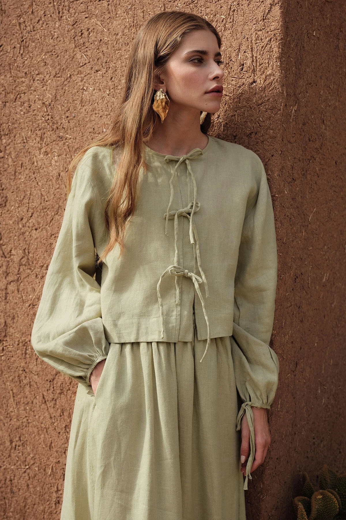 LINEN TIE DETAIL BLOUSE SAGE