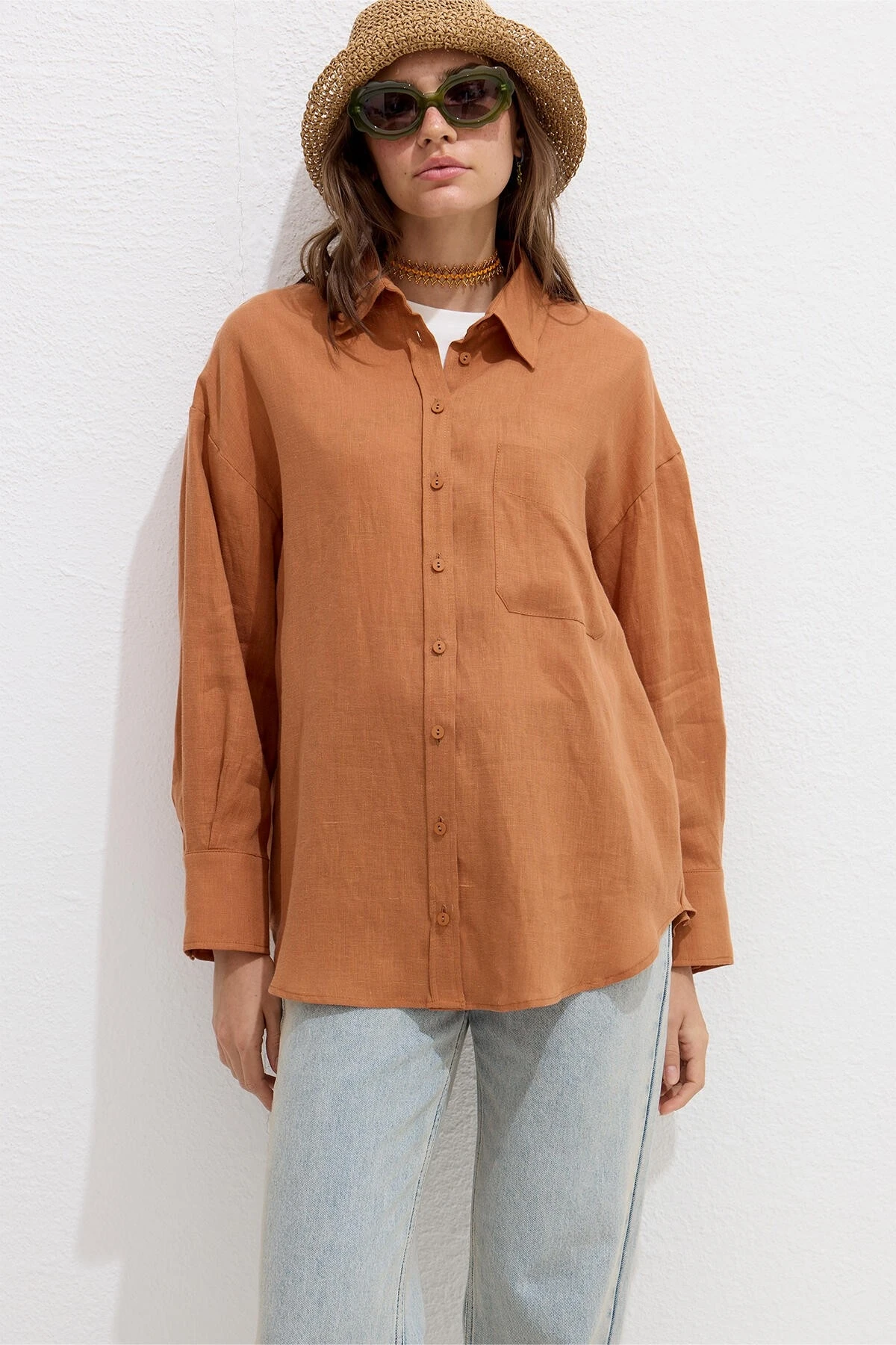 İNCE KETEN OVERSIZE GÖMLEK TURUNCU İNCE KETEN OVERSIZE GÖMLEK TURUNCU