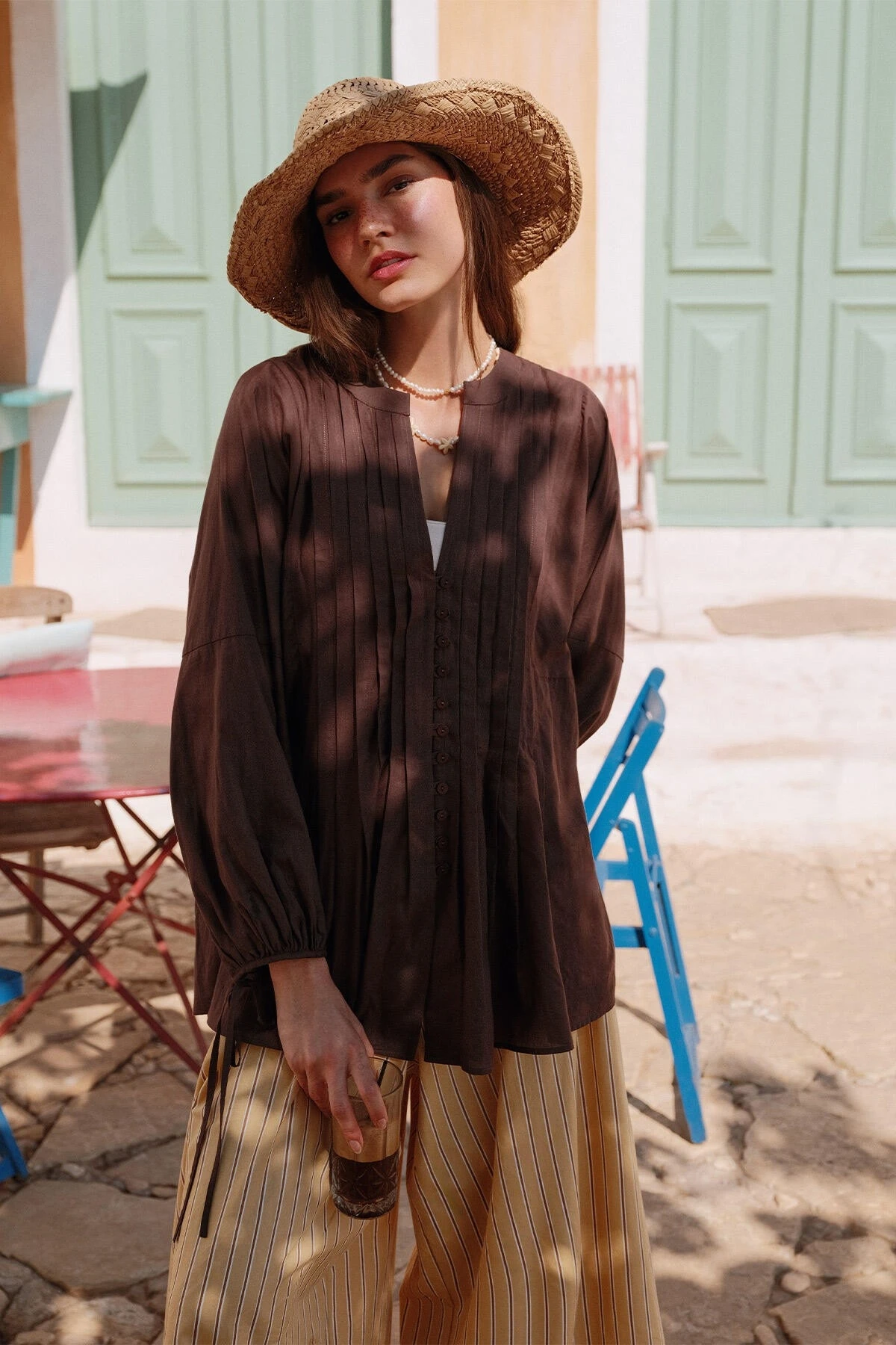 RIBBED DETAIL VOUCHER TUNIC BROWN RIBBED DETAIL VOUCHER TUNIC BROWN