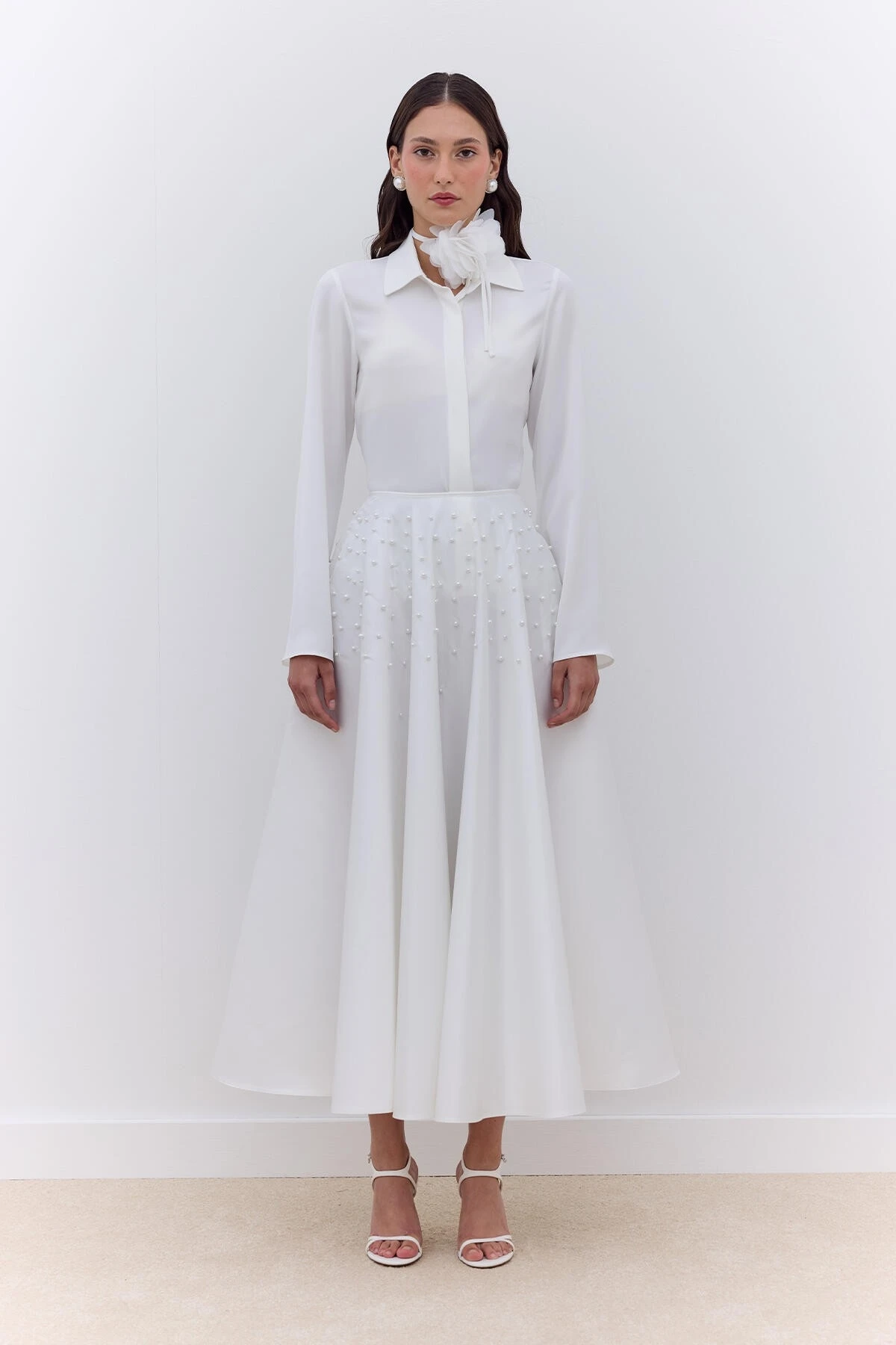 İNCİLİ KLOŞ ABİYE ETEK EKRU