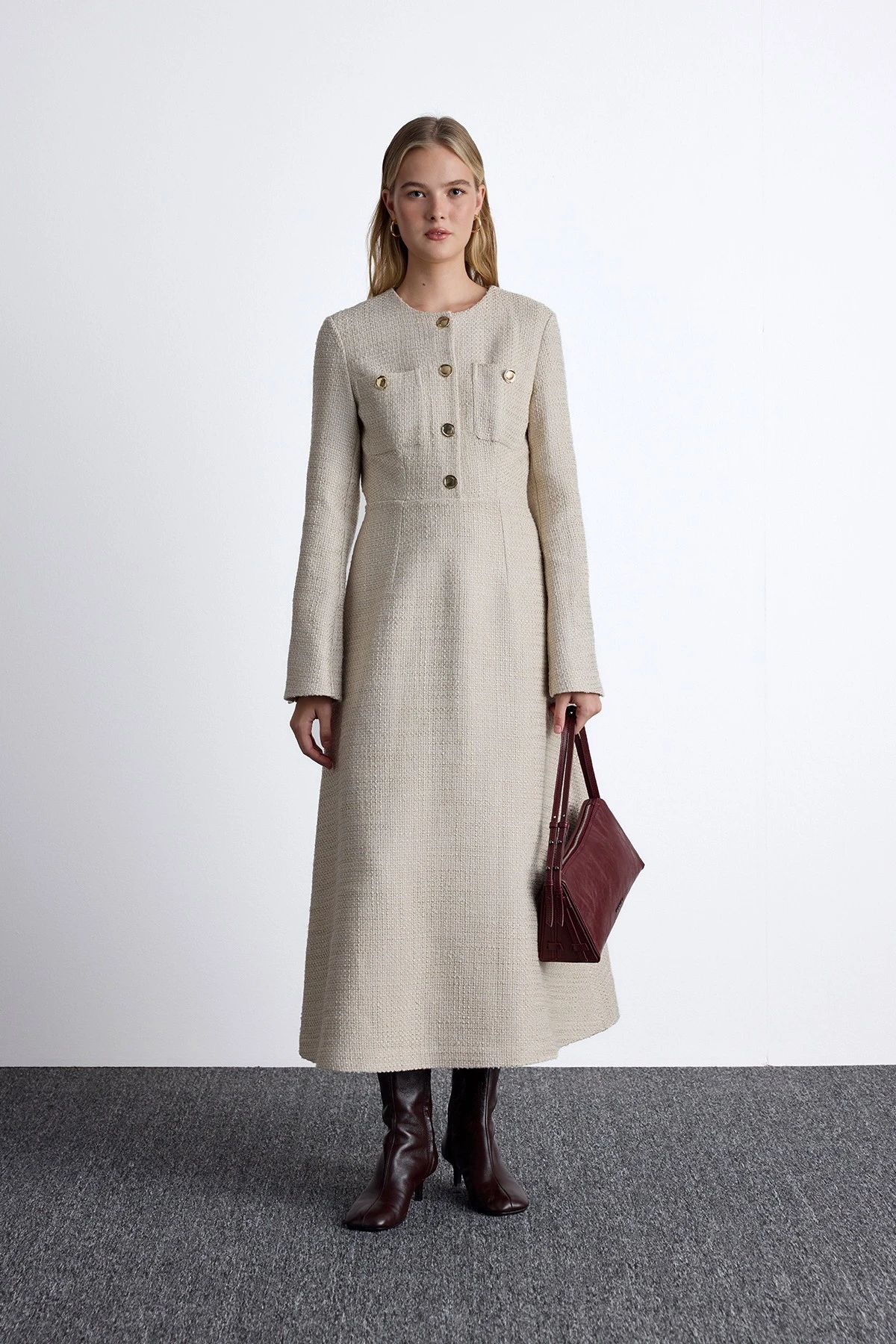 TEXTURED BUTTONED DRESS BEIGE