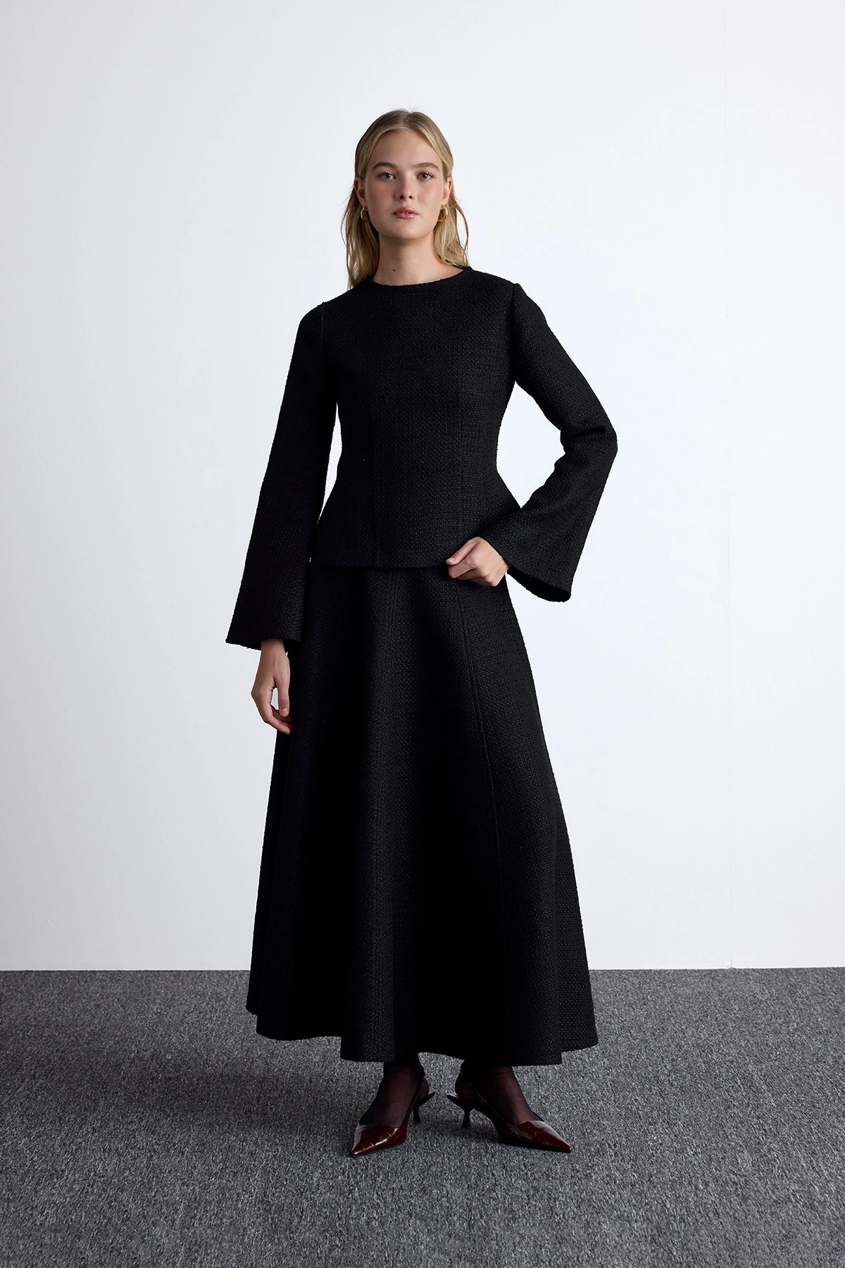 PEPLUM DETAILED TWEED BLOUSE BLACK