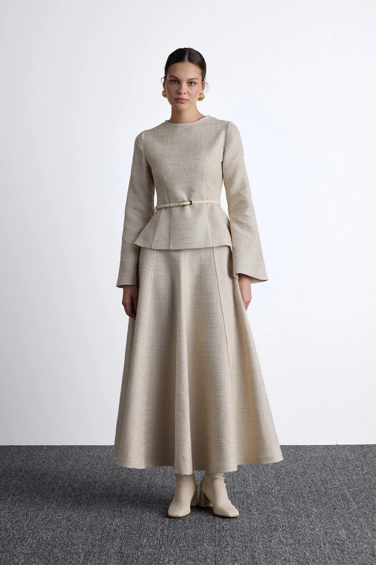 PEPLUM DETAIL TWEED BLOUSE BEIGE