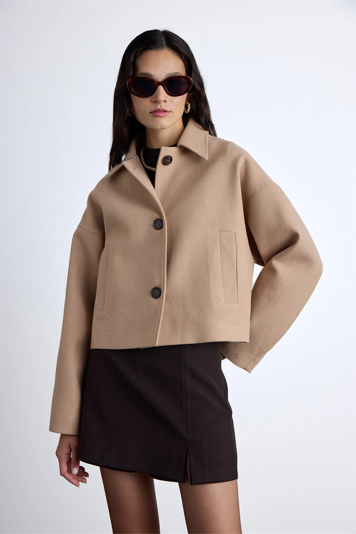 DORİ WOOL SHORT CACHET COAT CAMEL
