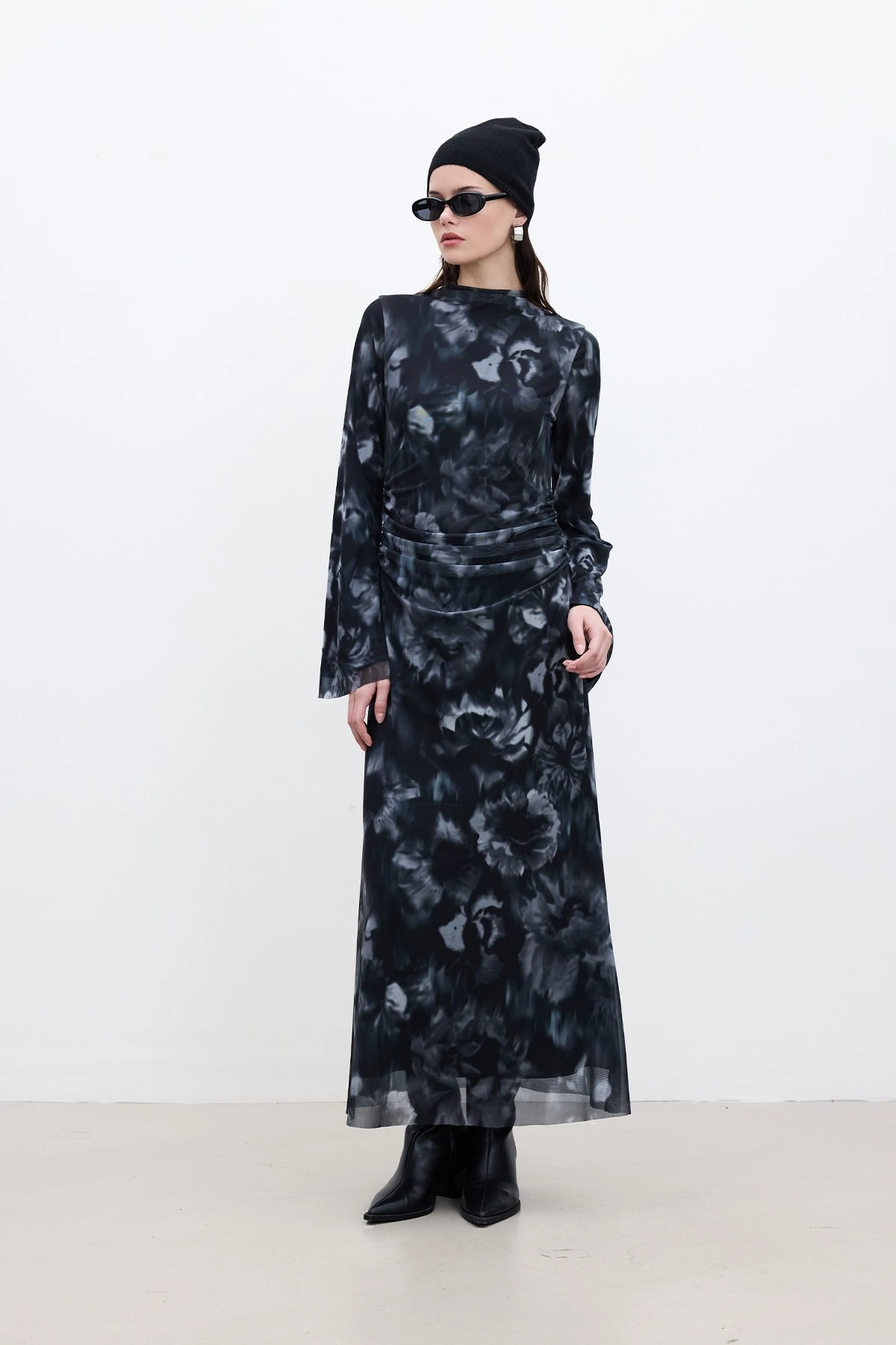 PATTERNED WIDE SLEEVE TULLE DRESS BLACK PATTERNED WIDE SLEEVE TULLE DRESS BLACK