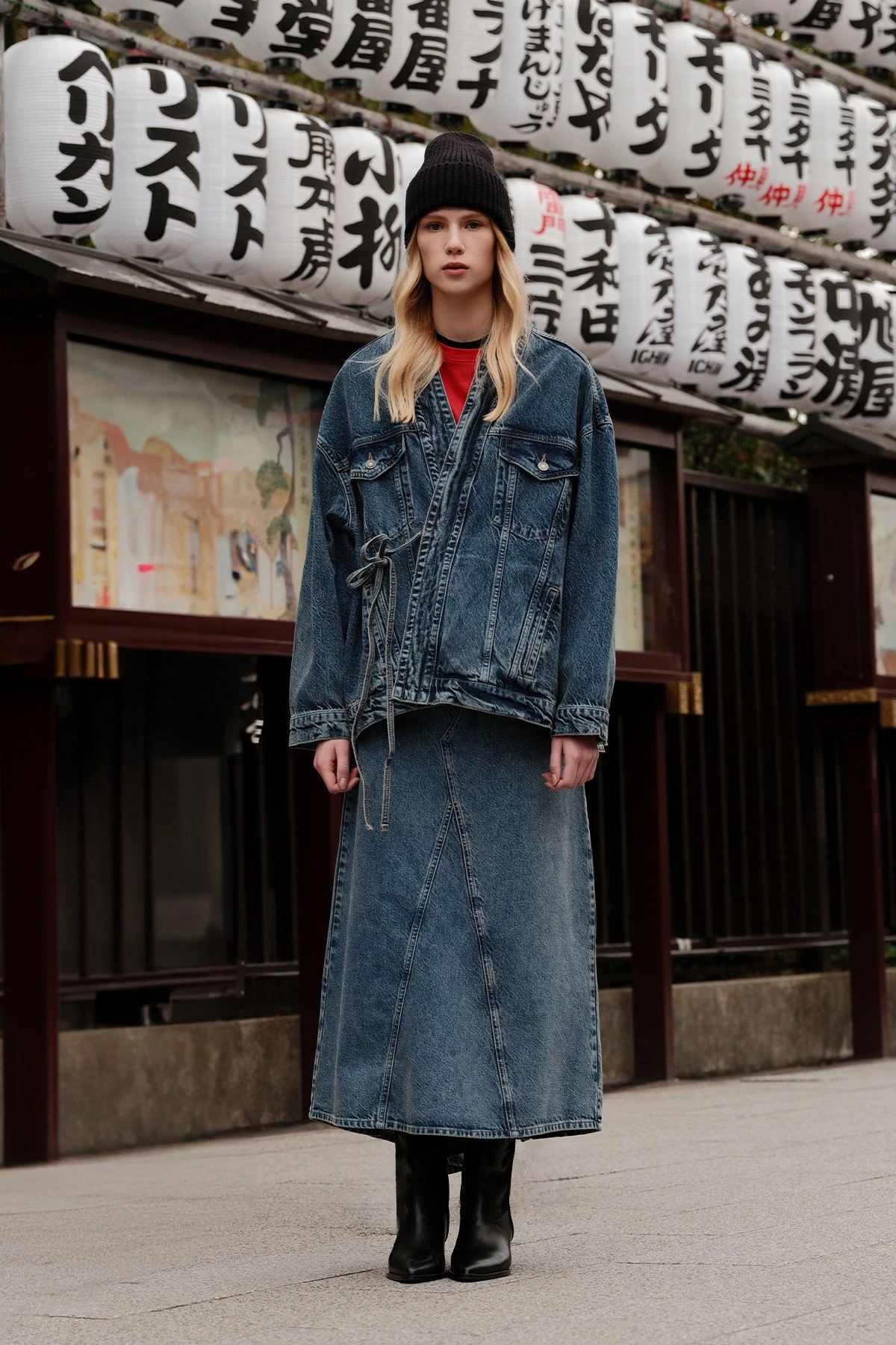 ETEK UCU VOLANLI DENİM ETEK MAVİ