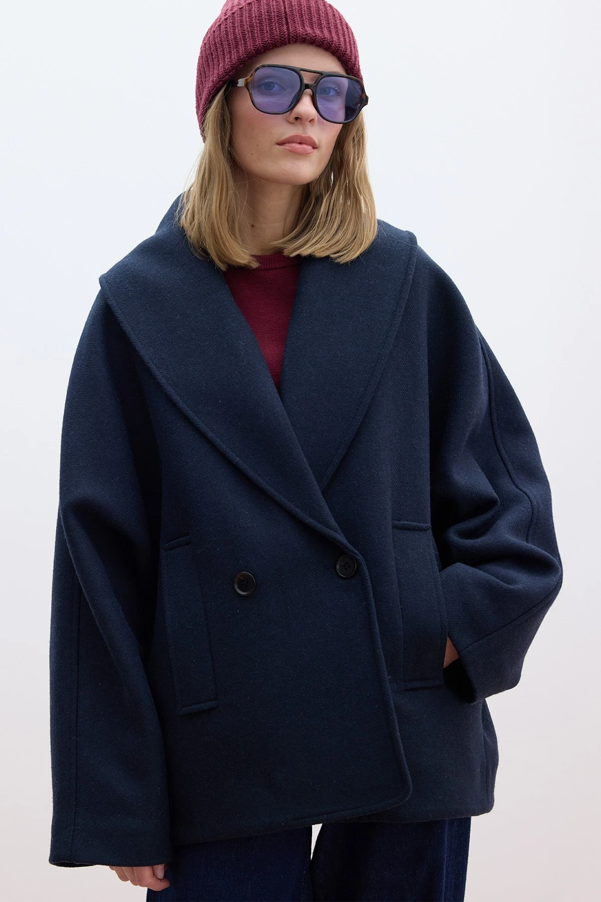 ITALIAN CLOTH DOUBLE-BREASTED COAT NAVY BLUE ITALIAN CLOTH DOUBLE-BREASTED COAT NAVY BLUE