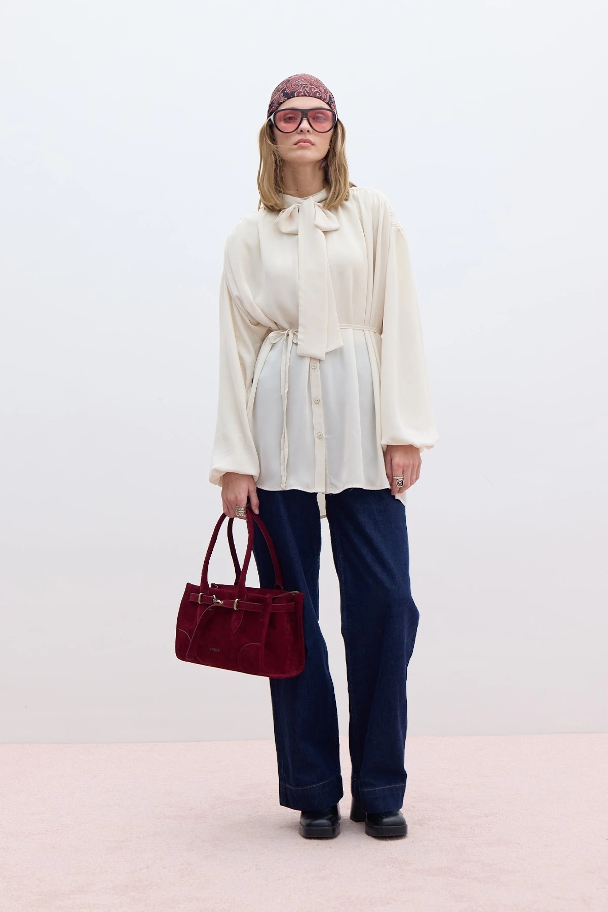 TIE-WAIST BALLOON SLEEVE SHIRT BEIGE