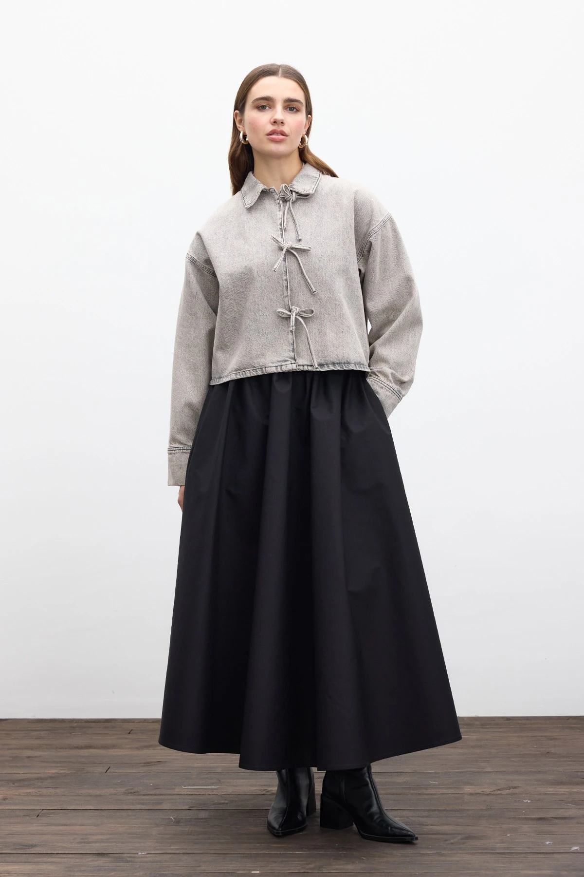 BAĞCIKLI DENİM BLUZ ANTRASİT