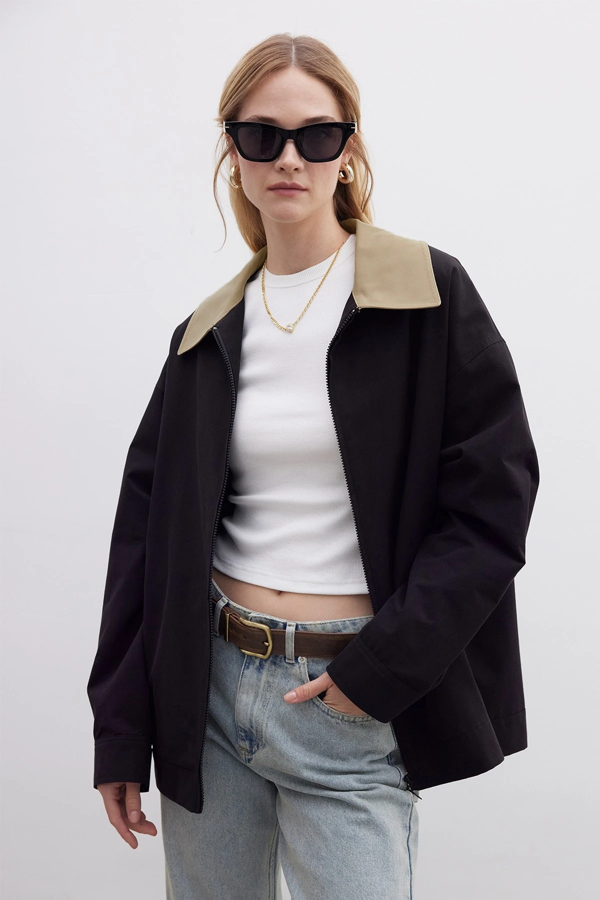 KONTRAST YAKALI GABARDİN CEKET SİYAH