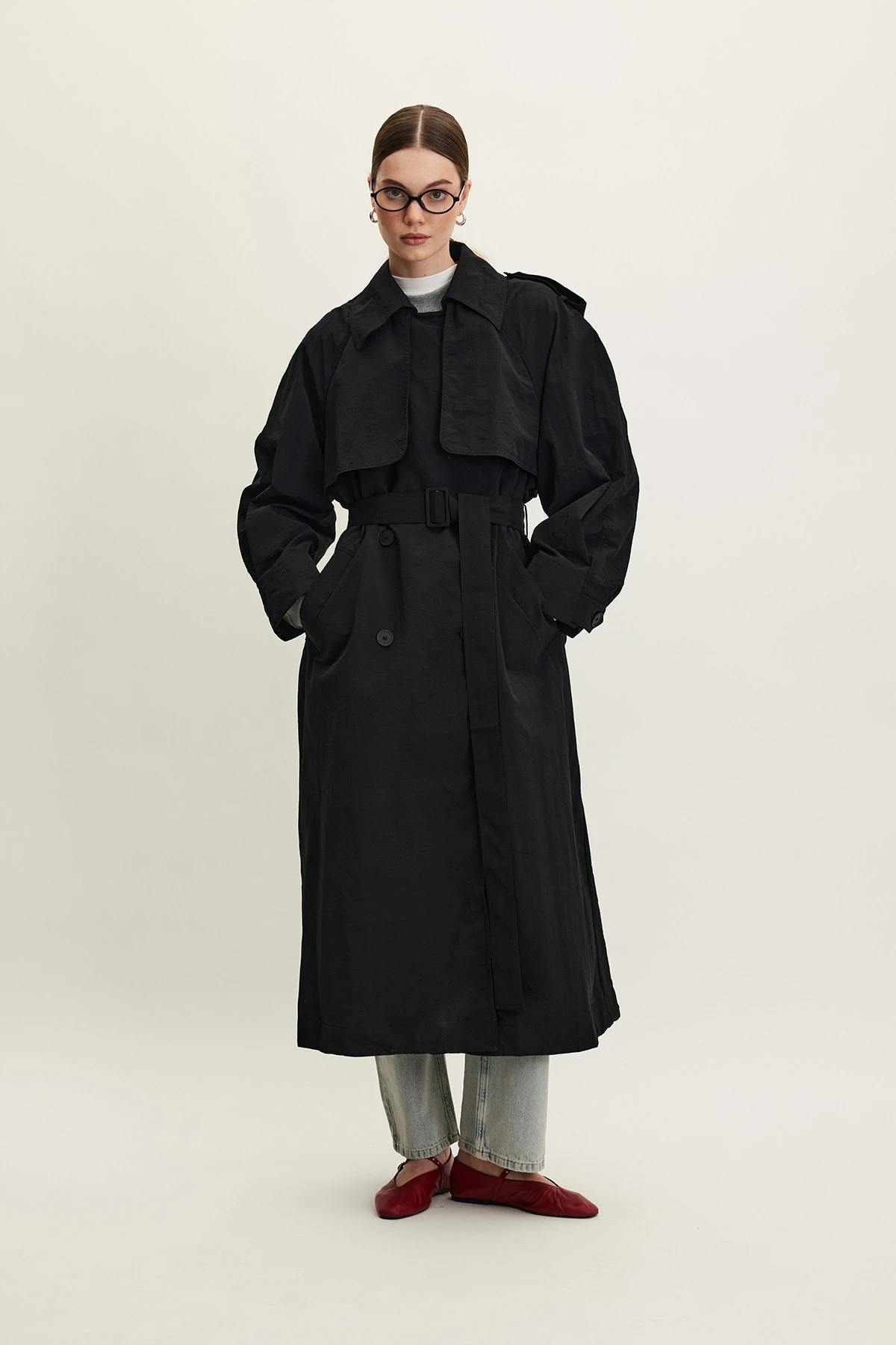 TECHNICAL FABRIC OVERSIZE TRENCH COAT BLACK TECHNICAL FABRIC OVERSIZE TRENCH COAT BLACK
