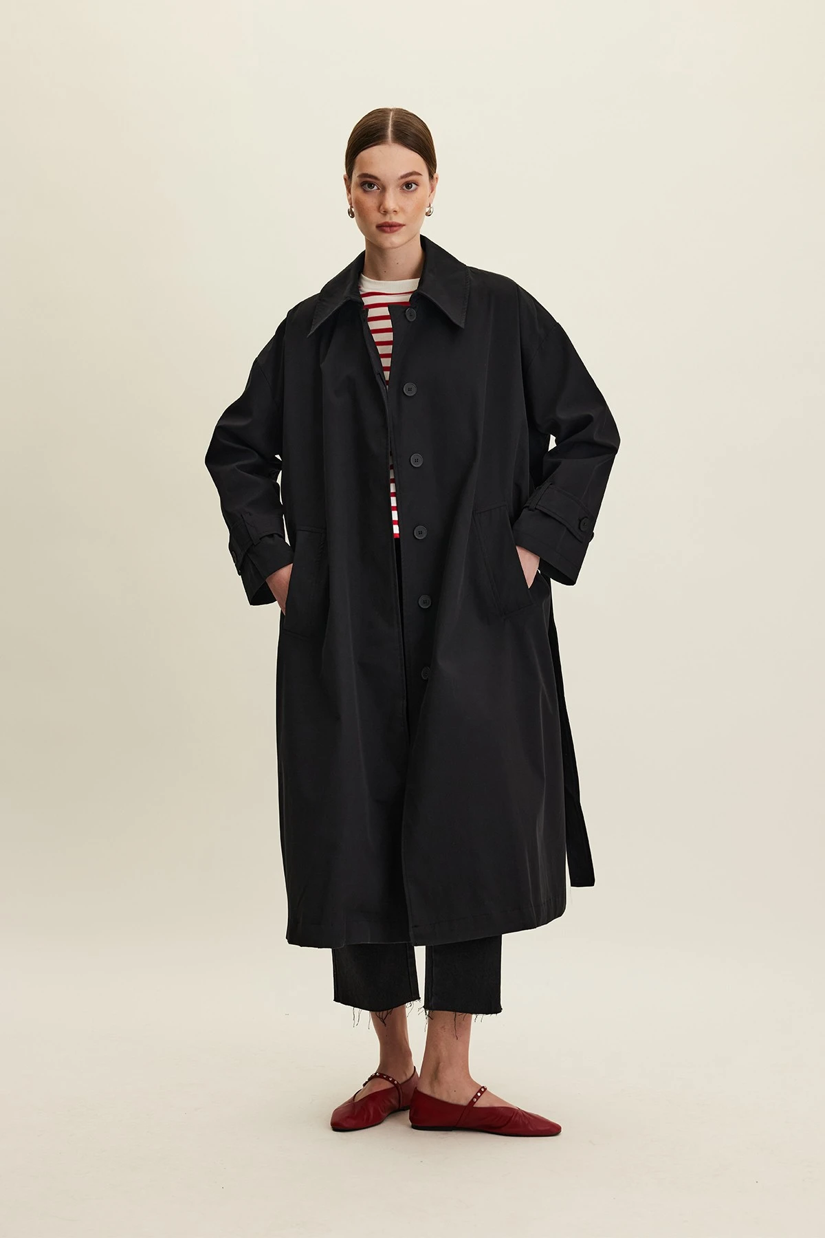 BELTED OVERSIZED GABARDINE TRENCH COAT BLACK