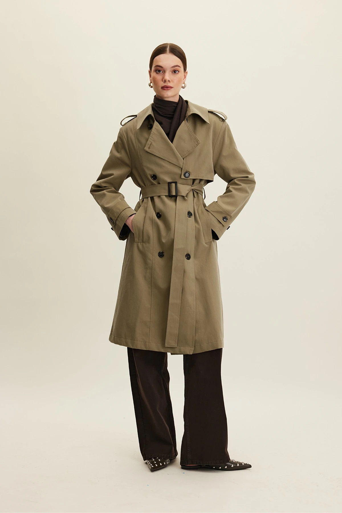 ANIKA KRUVAZE KEMERLİ TRENÇKOT HAKİ