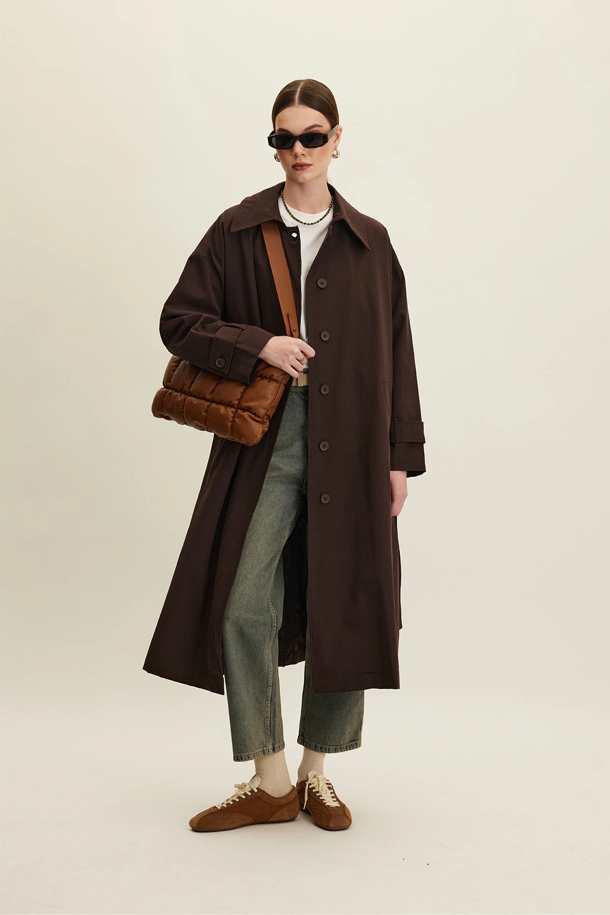 BELTED OVERSIZED GABARDINE TRENCH COAT BITTER BROWN