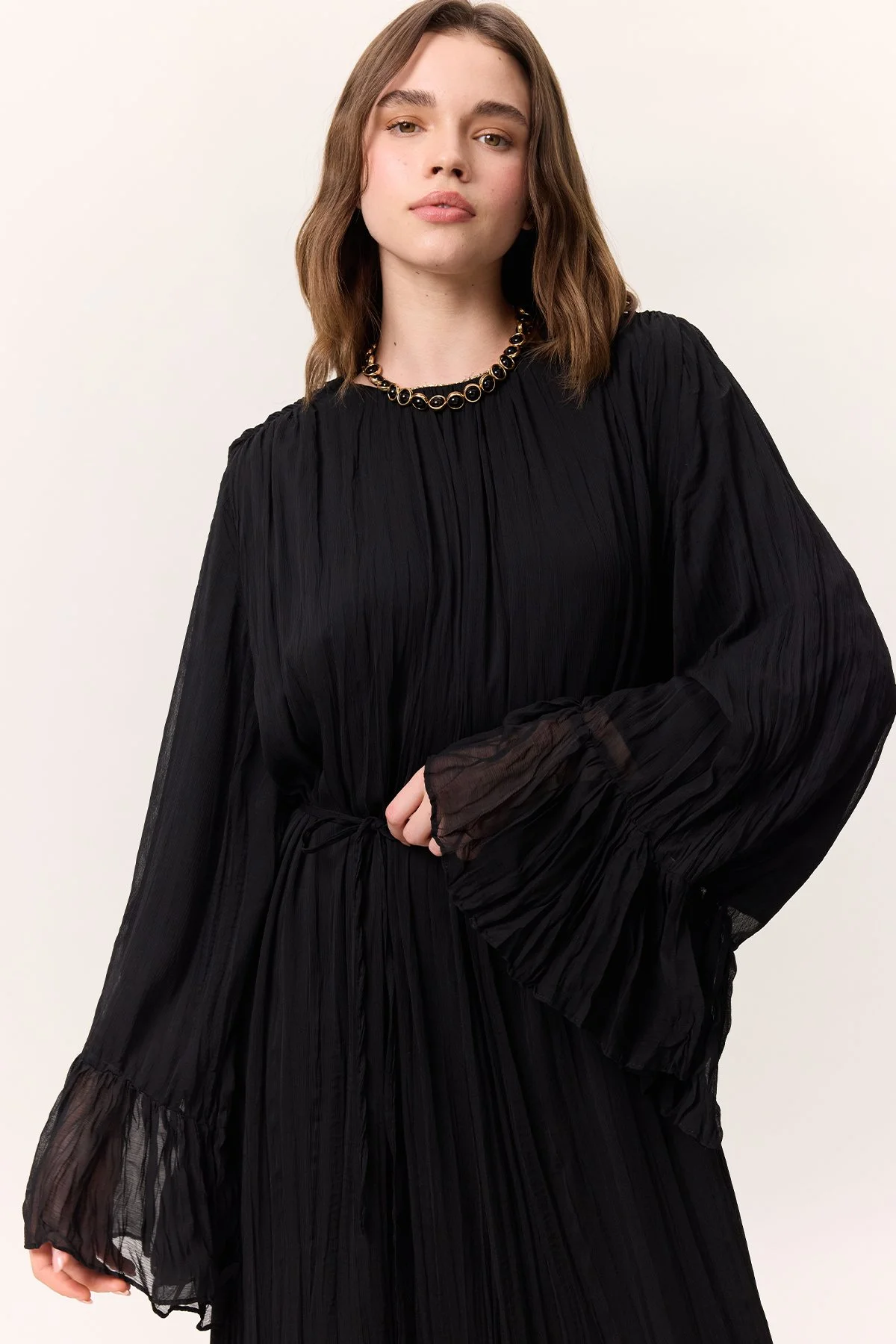 CRUSH PLEATED FOLDED LONG DRESS BLACK