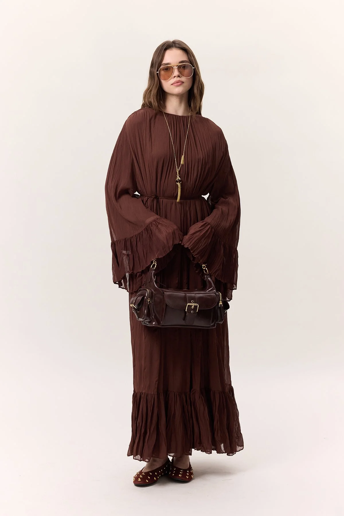 CRUSH PLEATED FOLDED LONG DRESS BROWN
