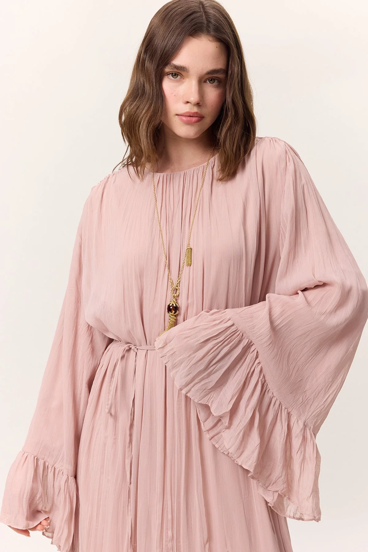 CRUSH PLEATED FOLDED LONG DRESS POWDER