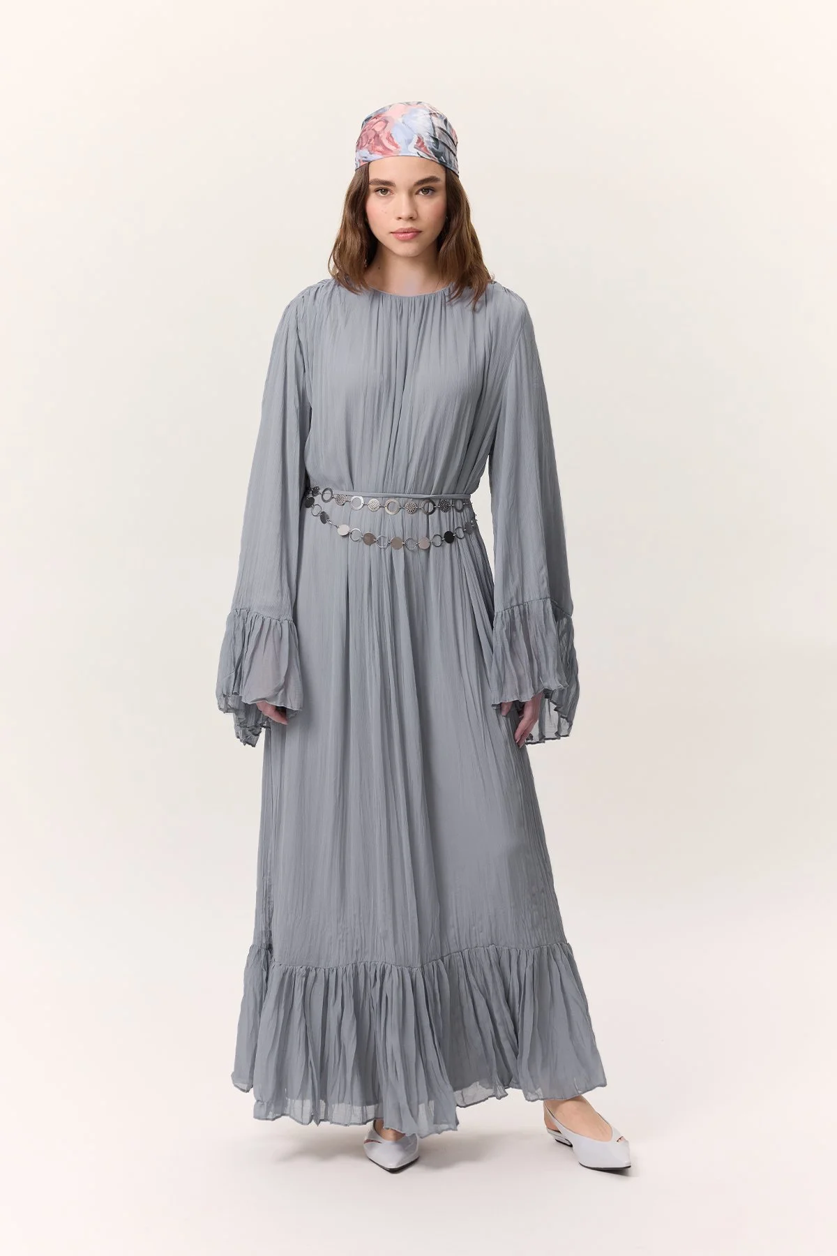 CRUSH PLEATED FOLDED LONG DRESS BLUE