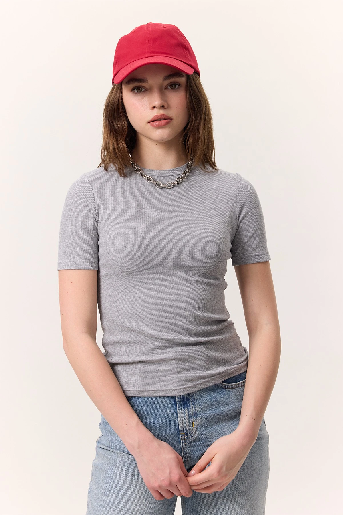 KISA KOLLU RIBANA BODY GRİ MELANJ