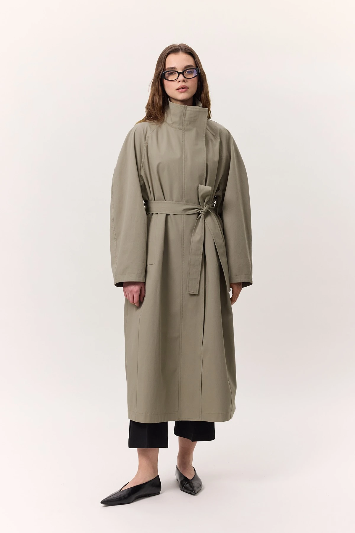 HIGH COLLAR OVERSIZE TRENCH COAT GREEN