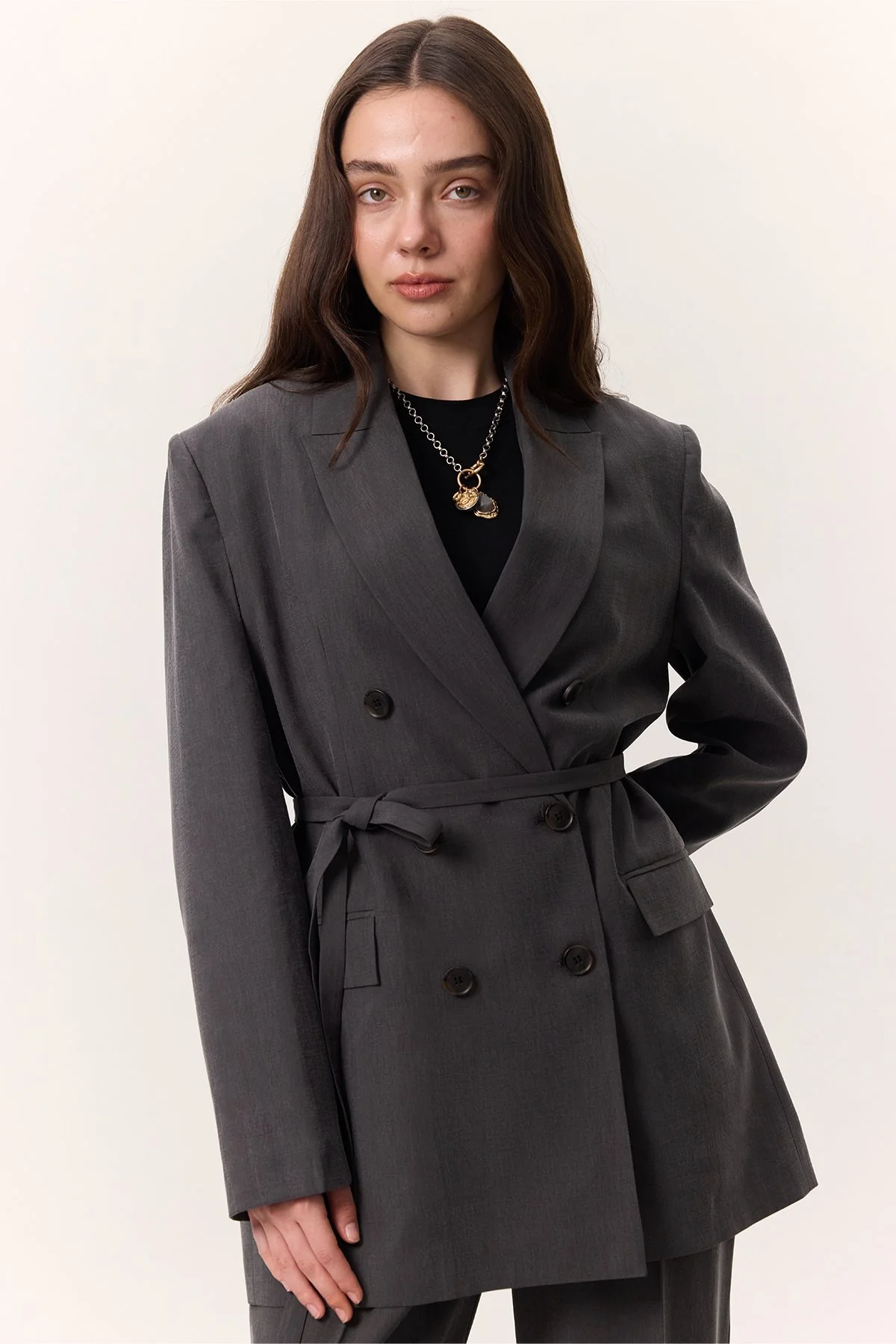 TENCEL BELTED DOUBLE BREASTED BLAZER JACKET ANTHRACITE