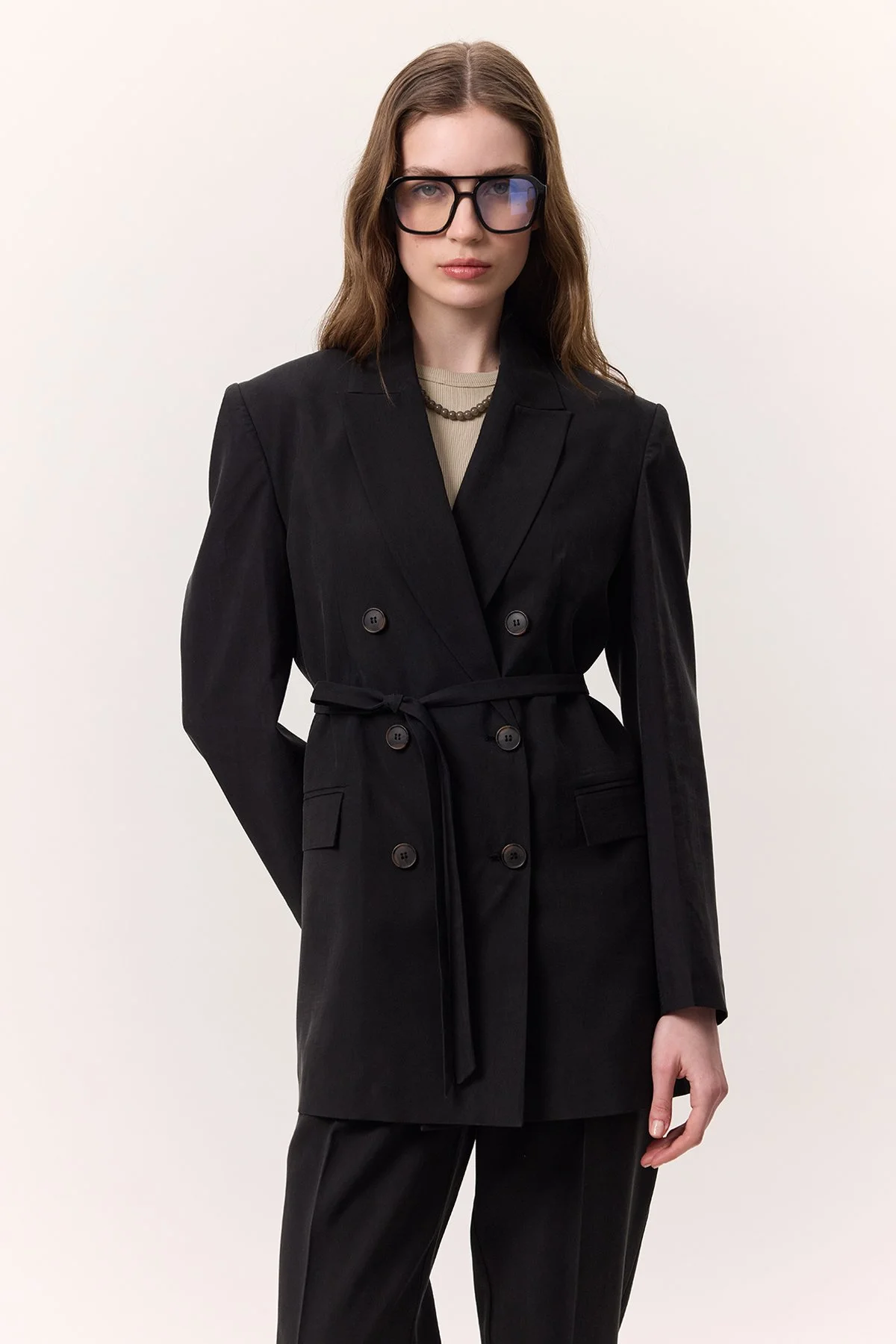TENCEL BELTED DOUBLE BREASTED BLAZER JACKET BLACK