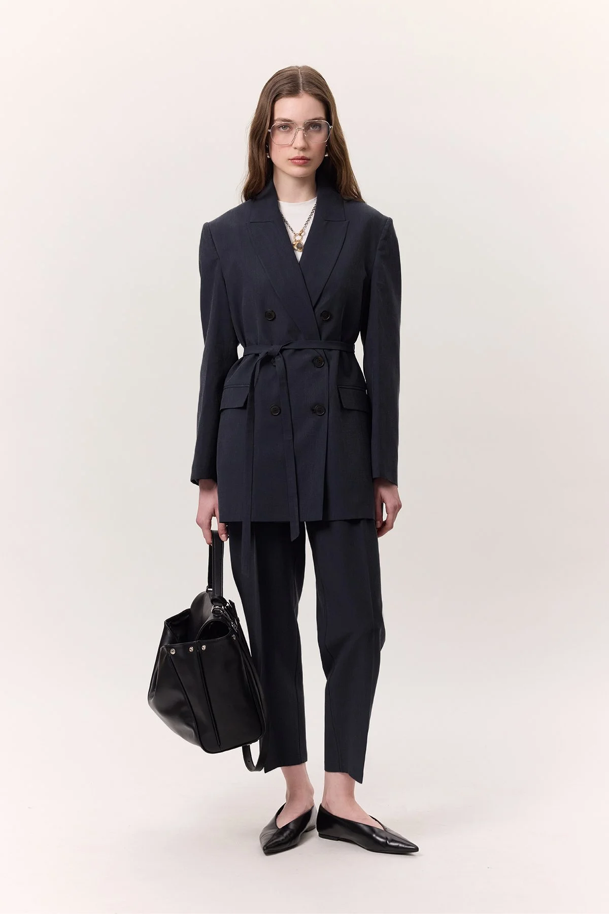 TENCEL BELTED DOUBLE BREASTED BLAZER JACKET INDIGO