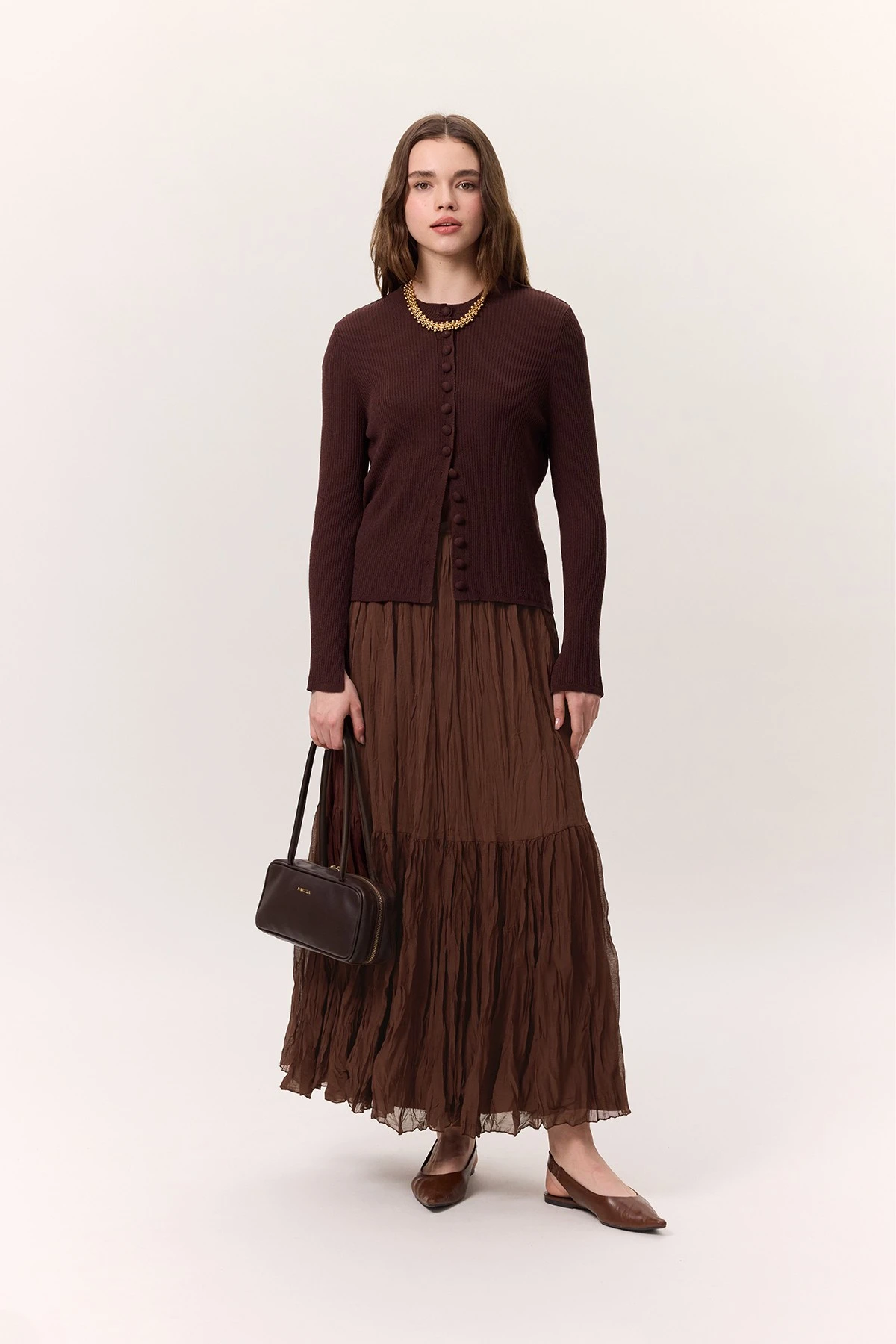 CRUSH PİLİSELİ UZUN ETEK KAHVERENGİ