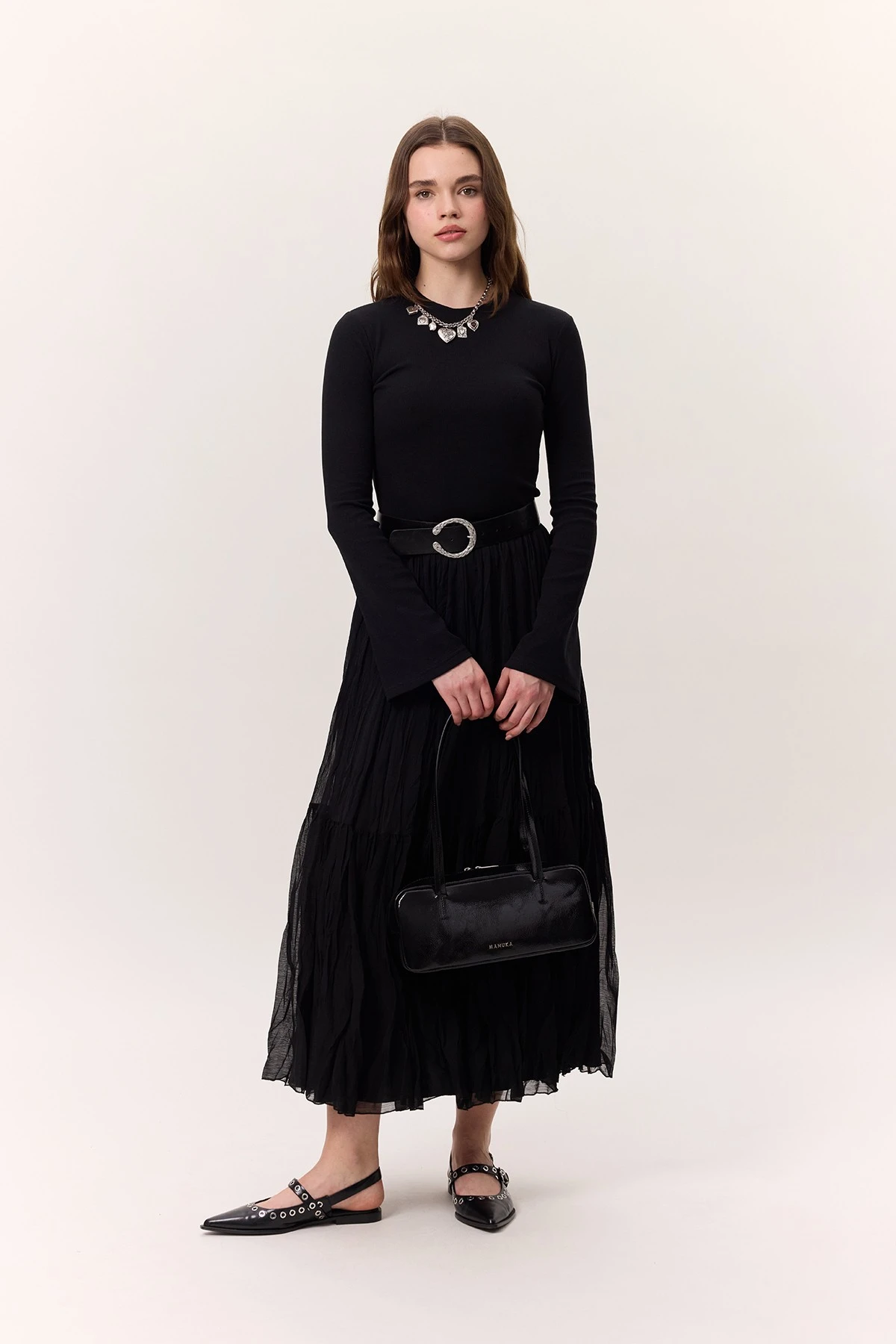 CRUSH PİLİSELİ UZUN ETEK SİYAH