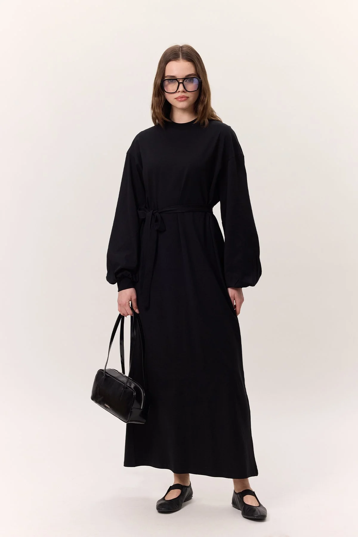 BALON KOLLU UZUN RAHAT ELBİSE SİYAH