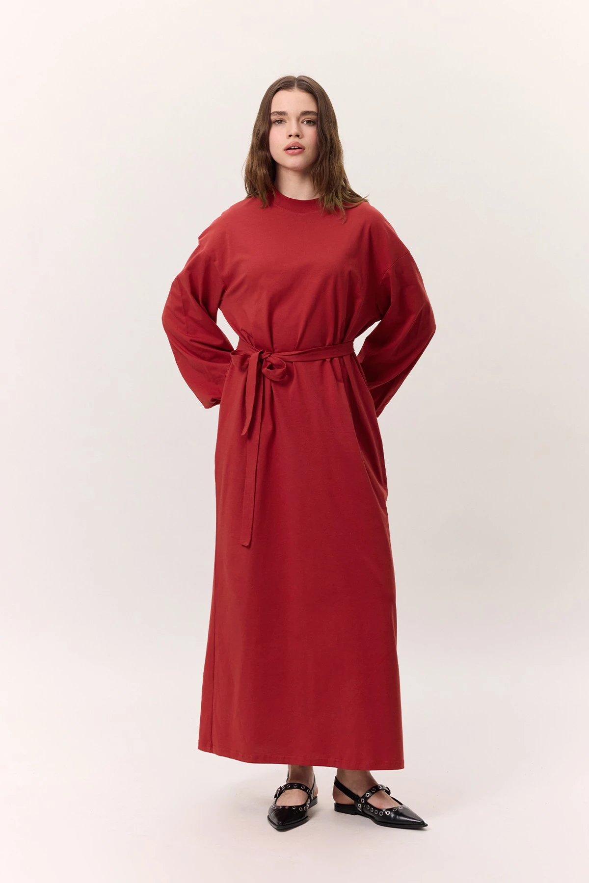 BALON KOLLU UZUN RAHAT ELBİSE KIRMIZI