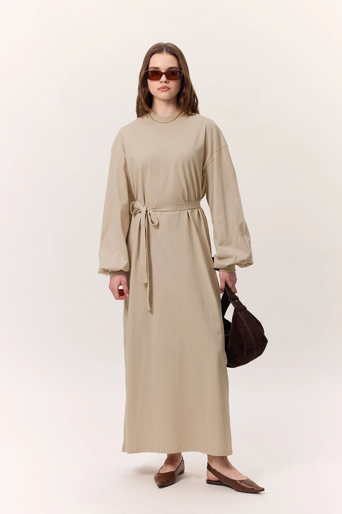 BALON KOLLU UZUN RAHAT ELBİSE TAŞ