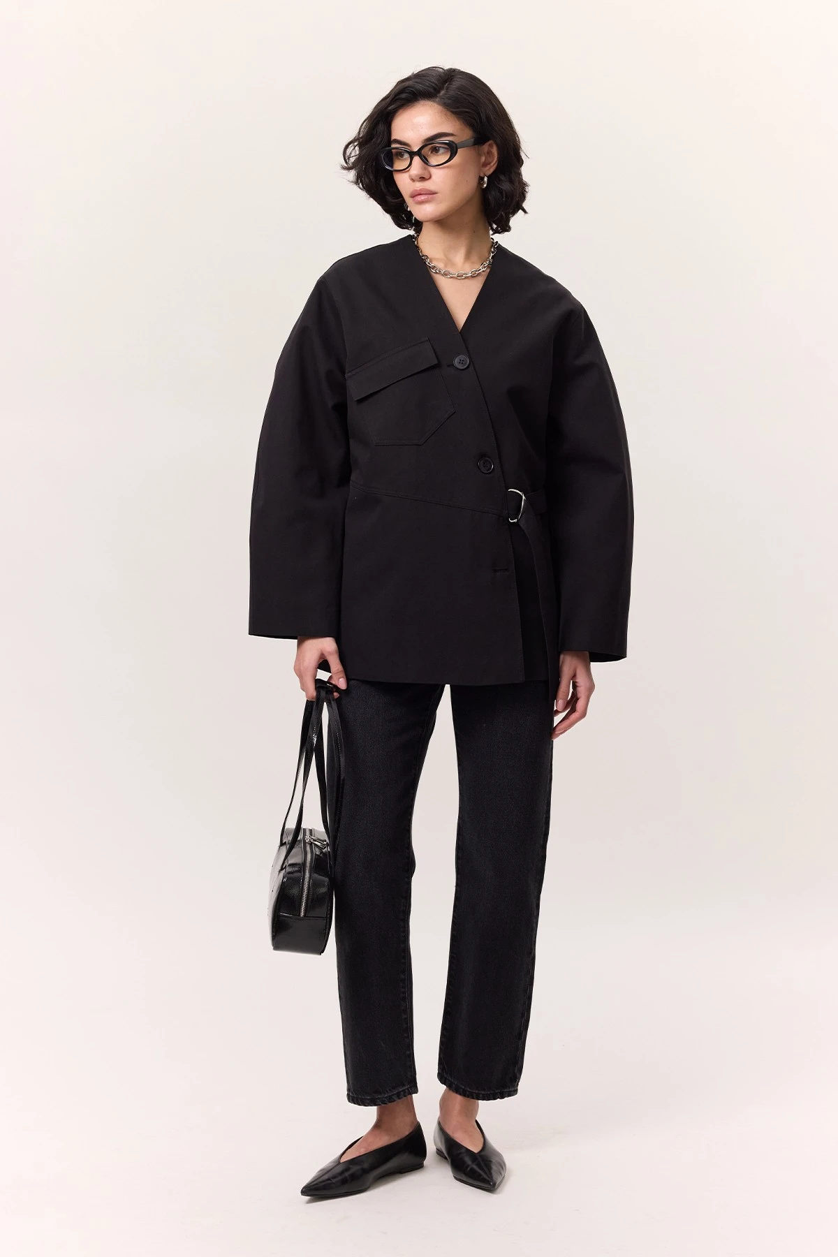 TOKA DETAYLI KRUVAZE TASARIM CEKET SİYAH