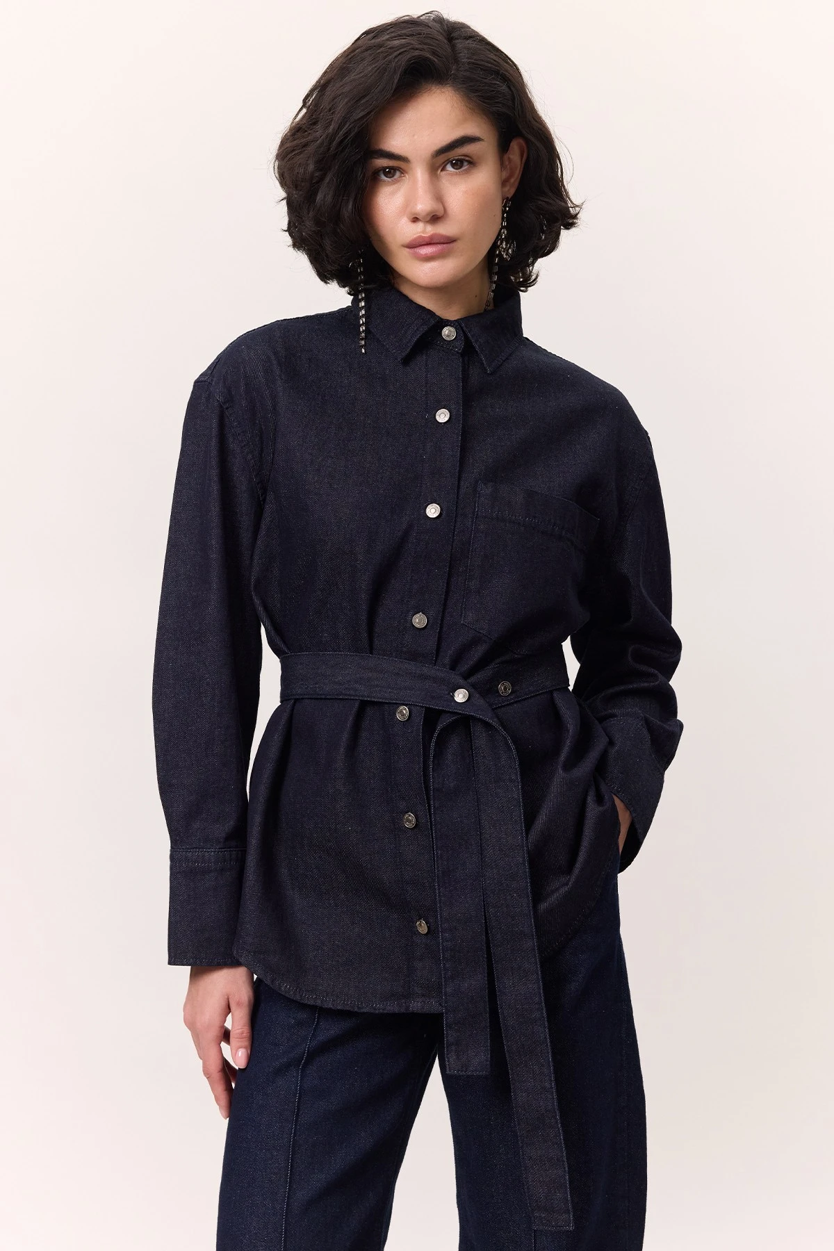 BELT DETAILED DENIM SHIRT DEEP BLUE