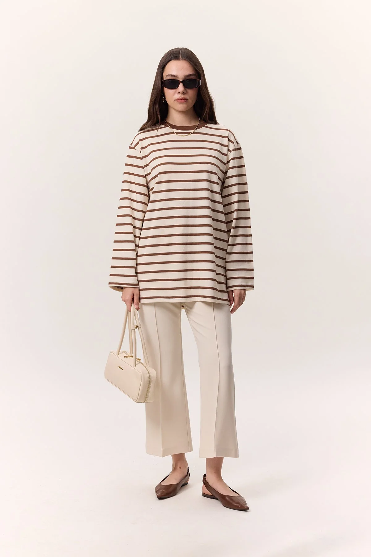 STRIPED LONG OVERSIZE TSHIRT BROWN