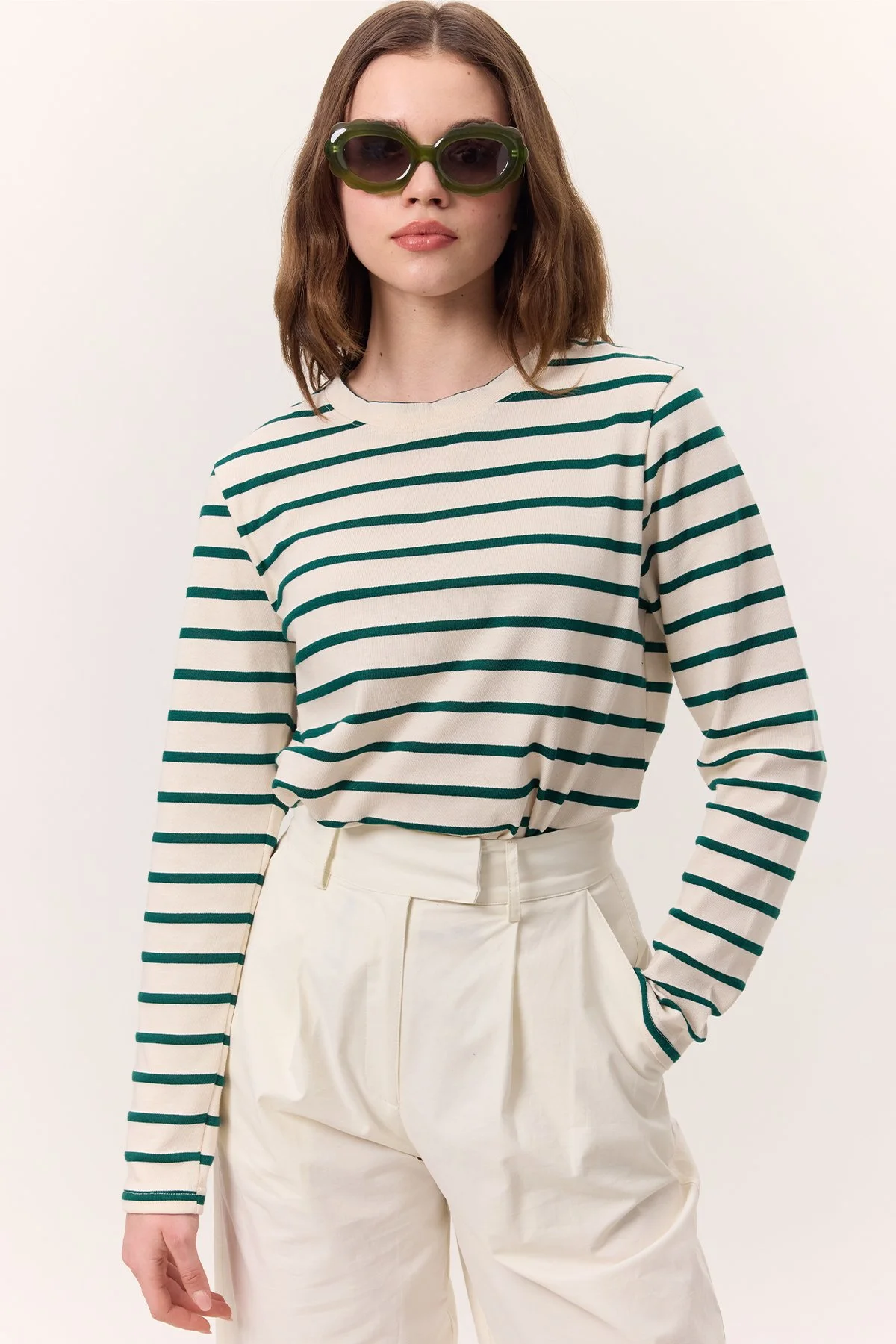 ÇİZGİLİ UZUN KOL REGULAR FIT TSHIRT YEŞİL