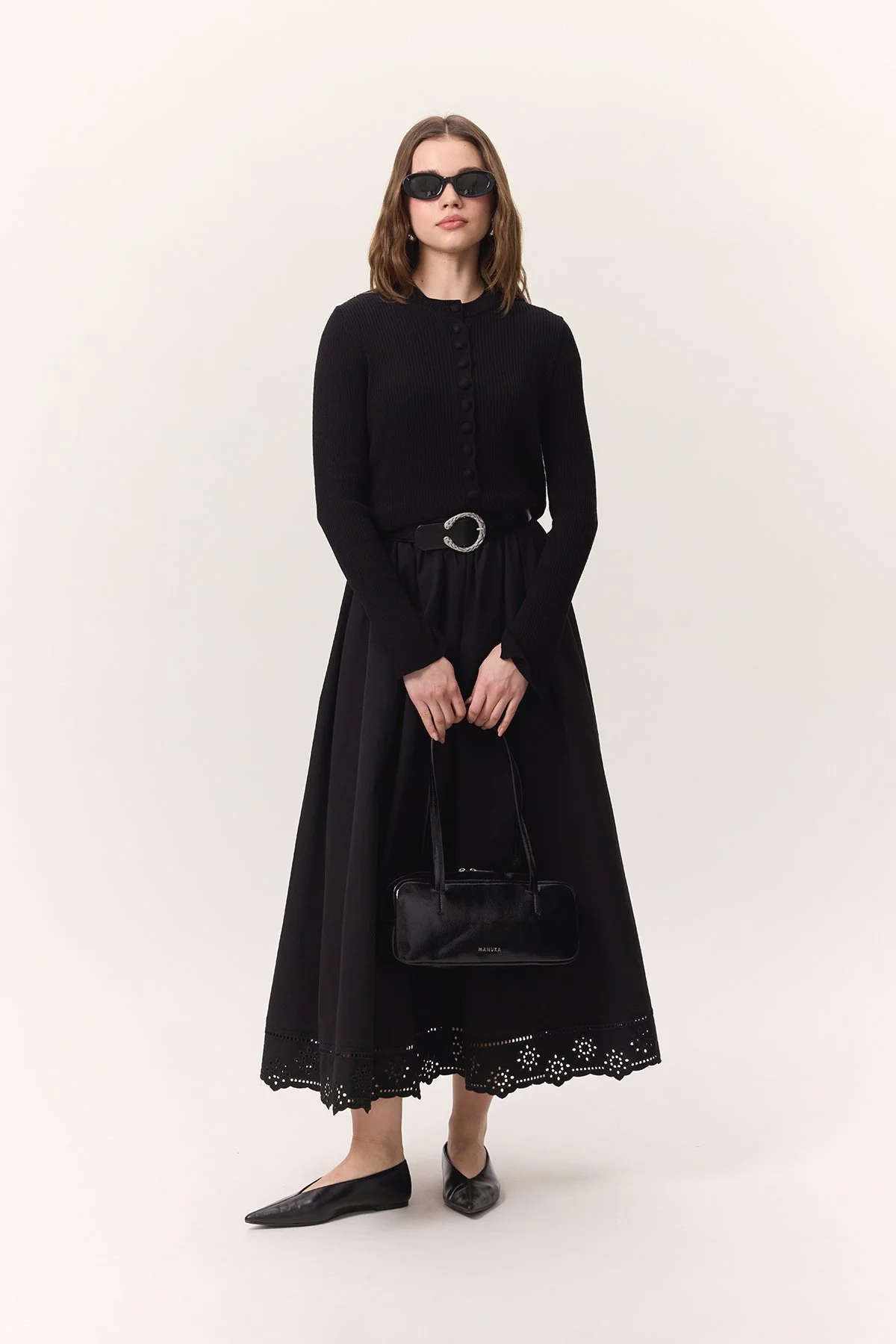 EMBROIDERY DETAIL WIDE SKIRT BLACK