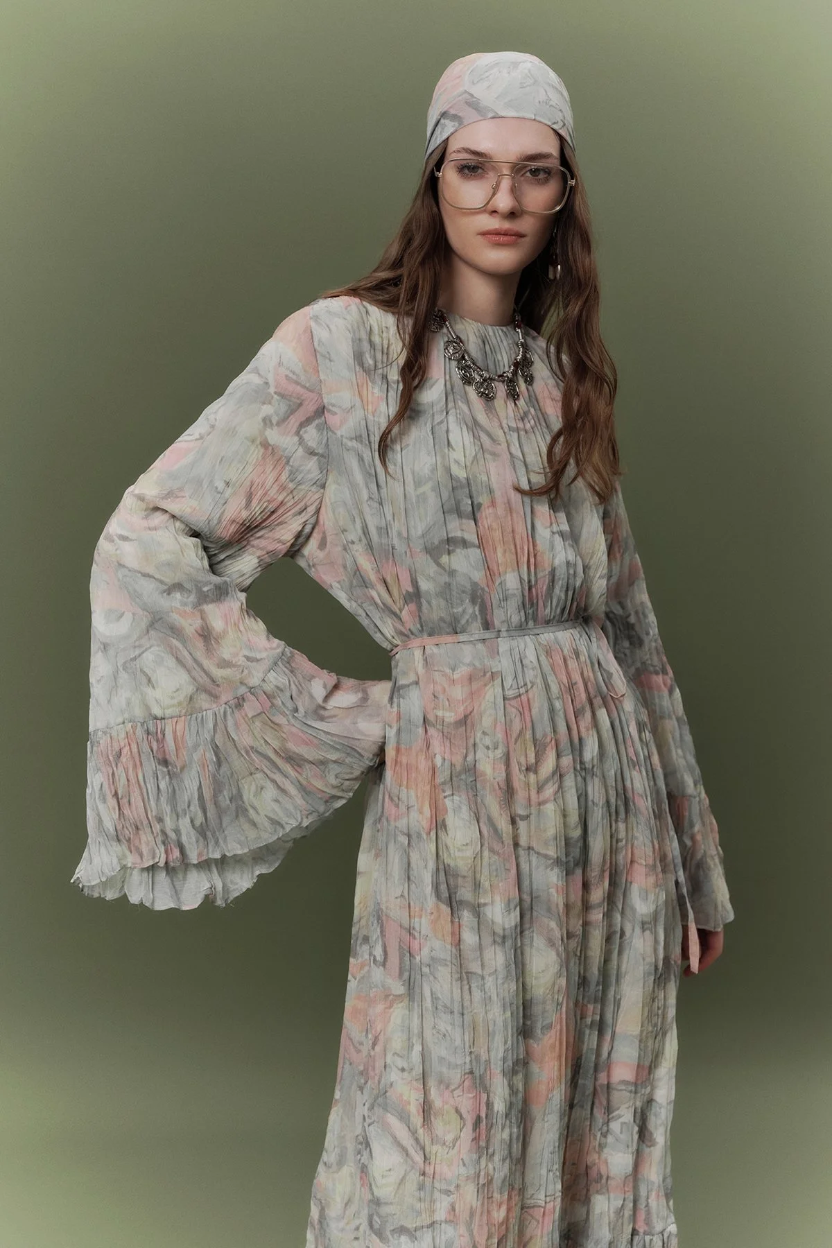 DESENLİ CRUSHLI KATLI ELBİSE SOPHIA YEŞİL